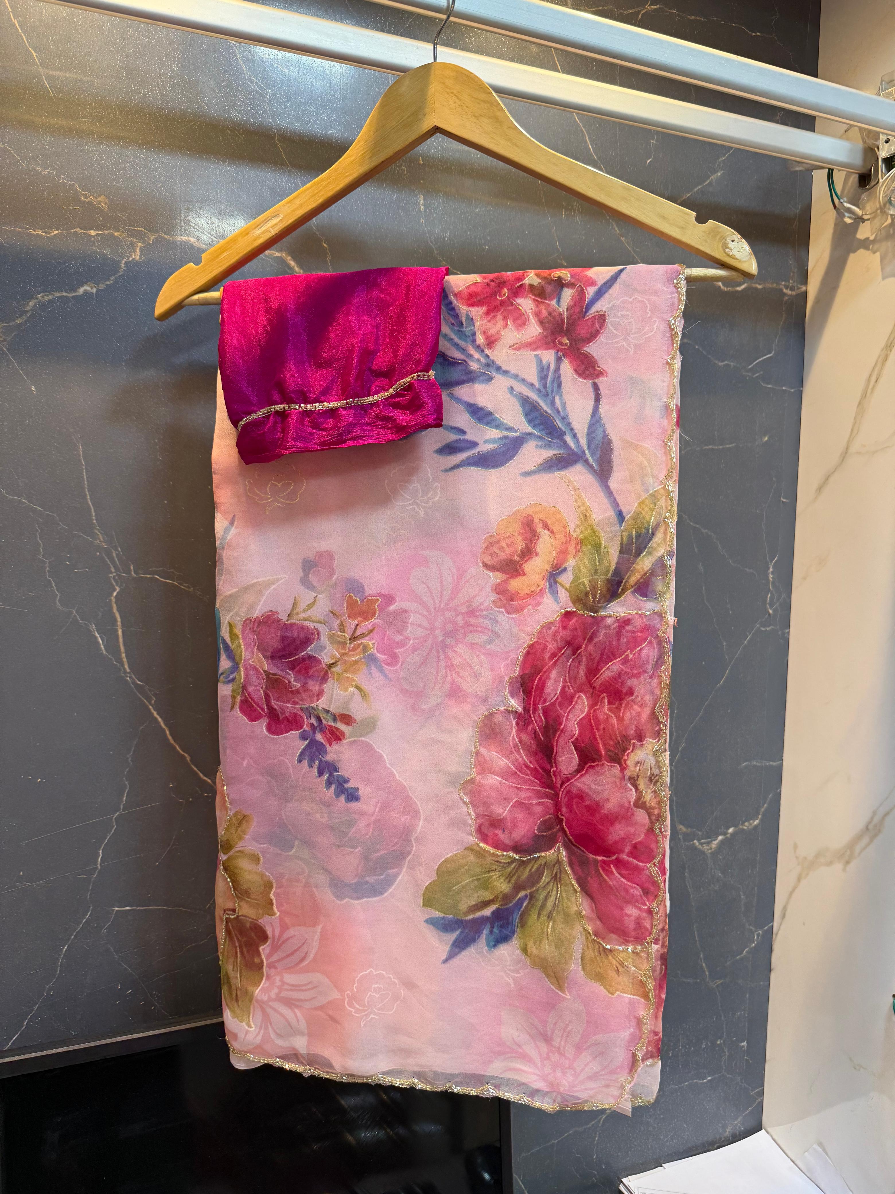 Beautiful Georgette Flower Print Saree With Handwork Touching