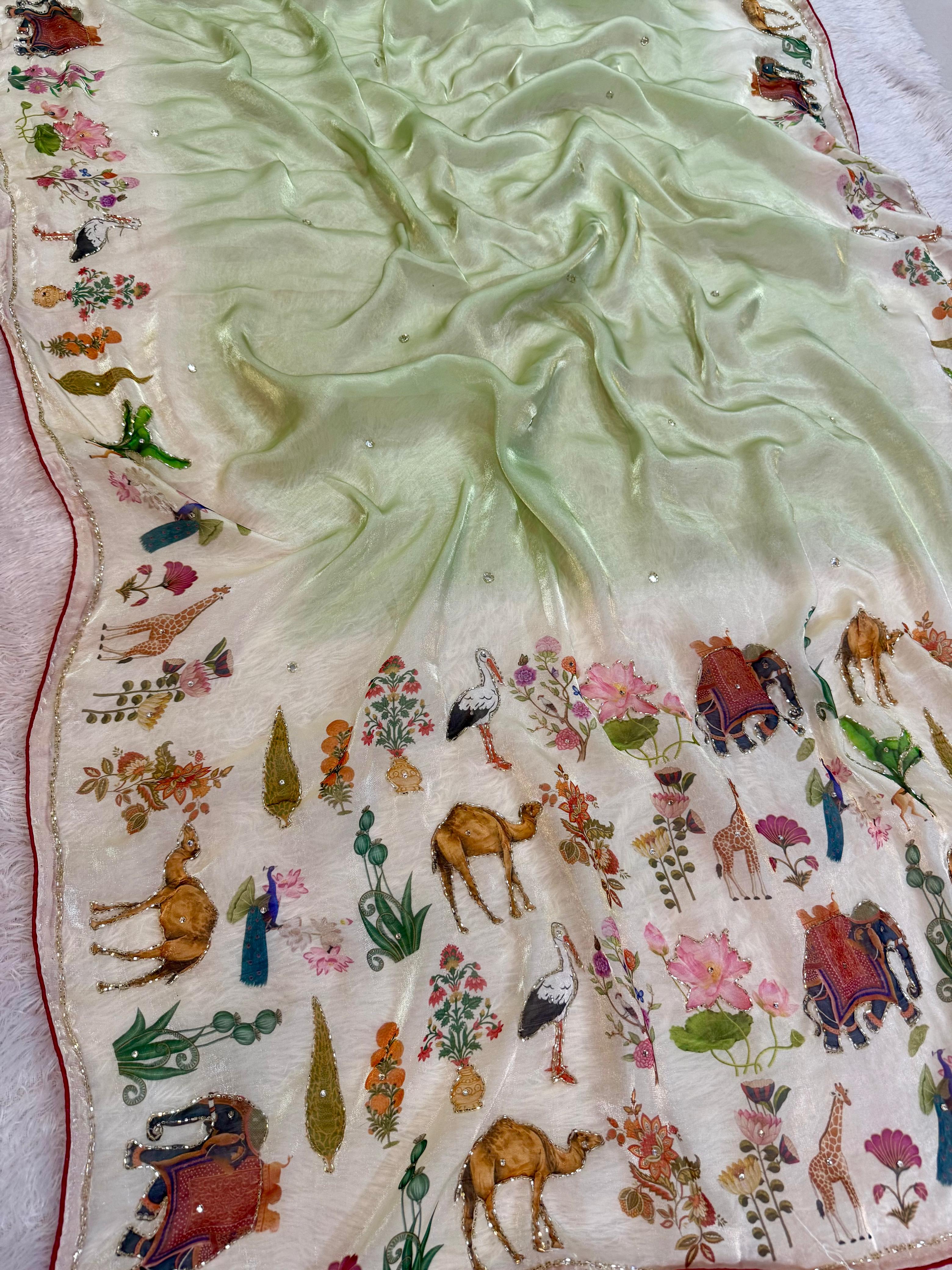 Premium Glass Tissue Saree With Handwork
