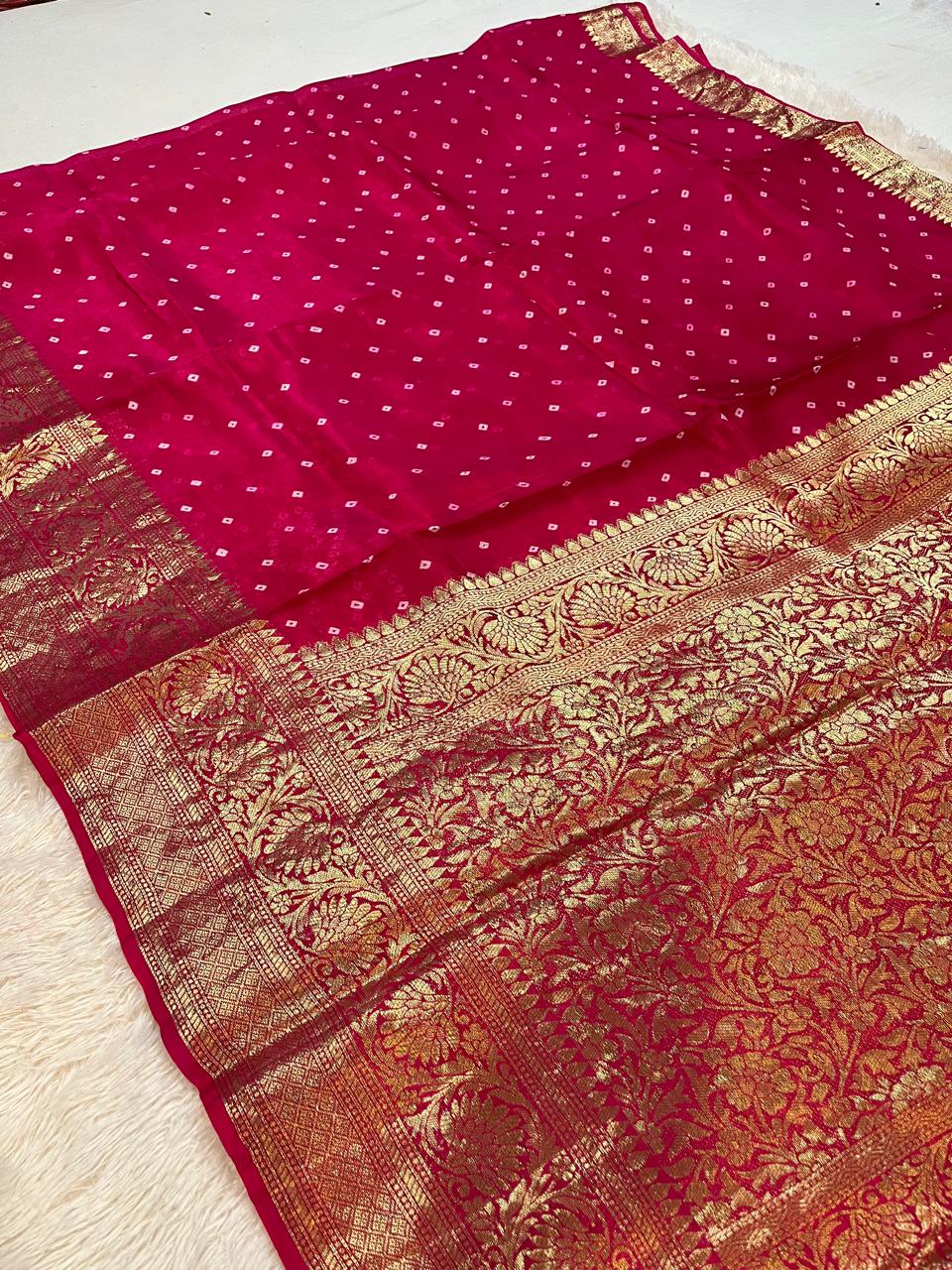 Tapeta Silk Hand Bandhej Saree With Weaving Work