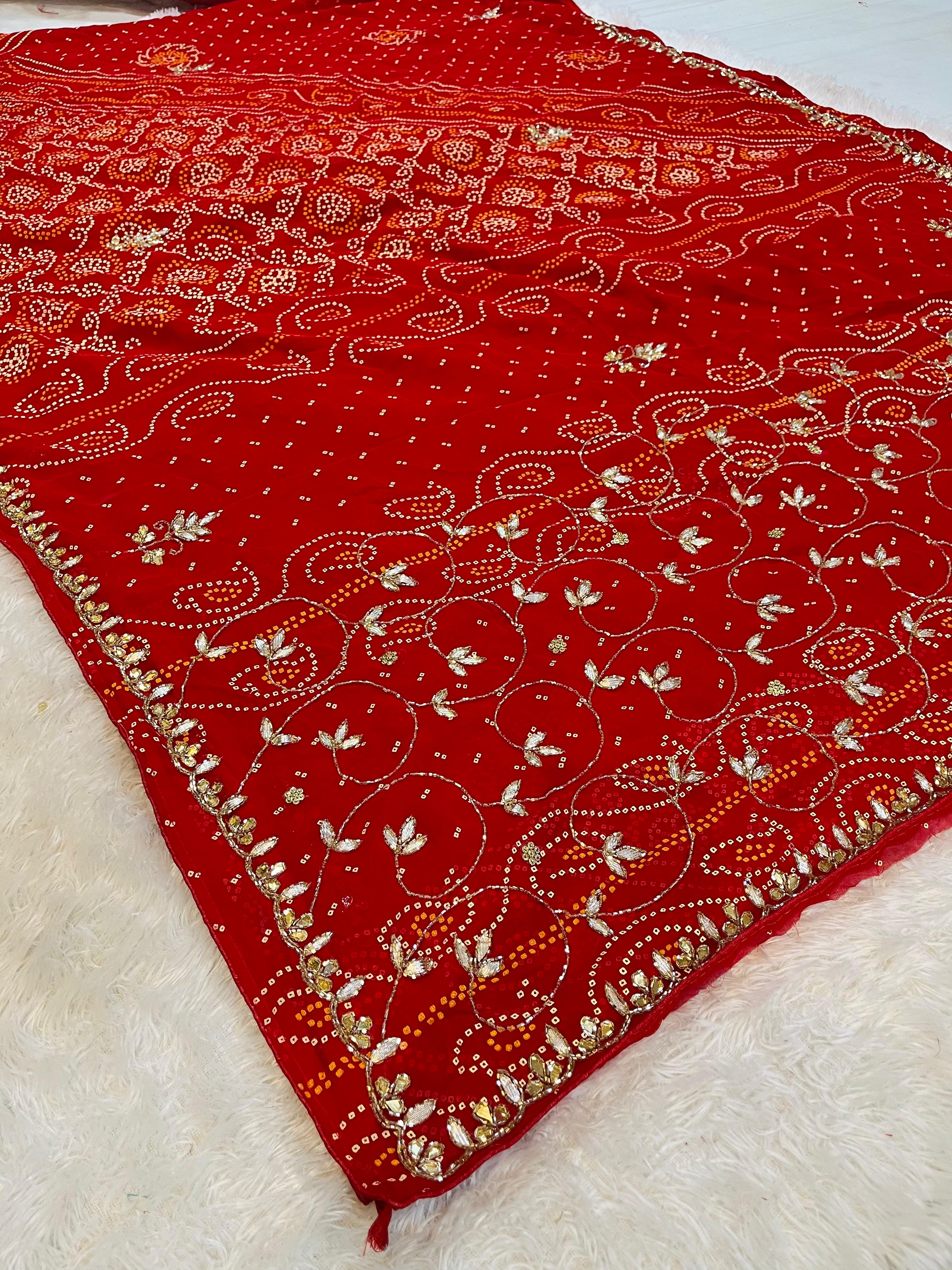 Georgatte Bandhani Table Print Saree With Handwork