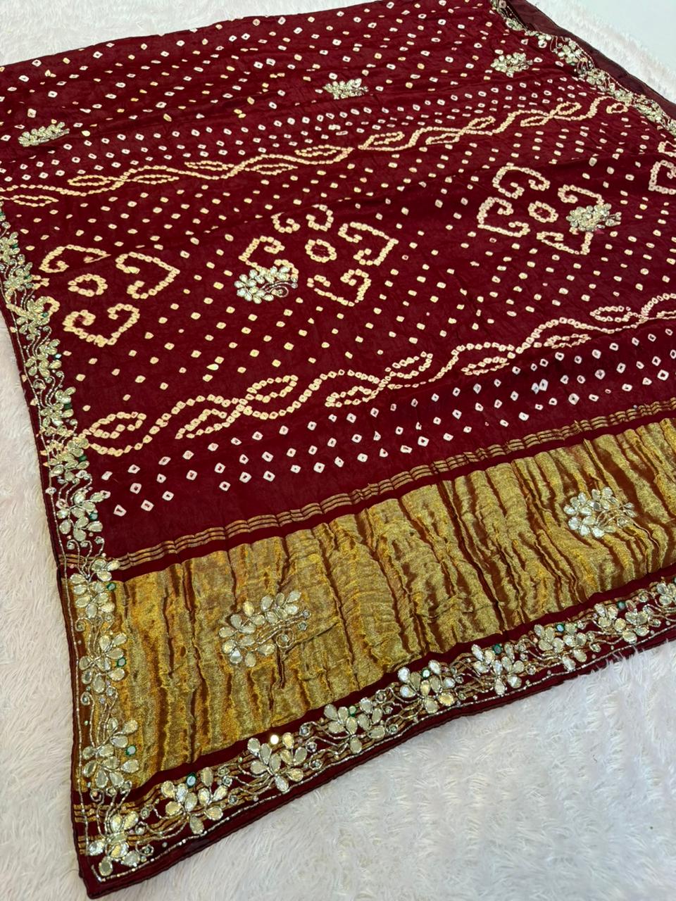 Beautiful Modal Silk Hand Bandhej Saree With Handwork