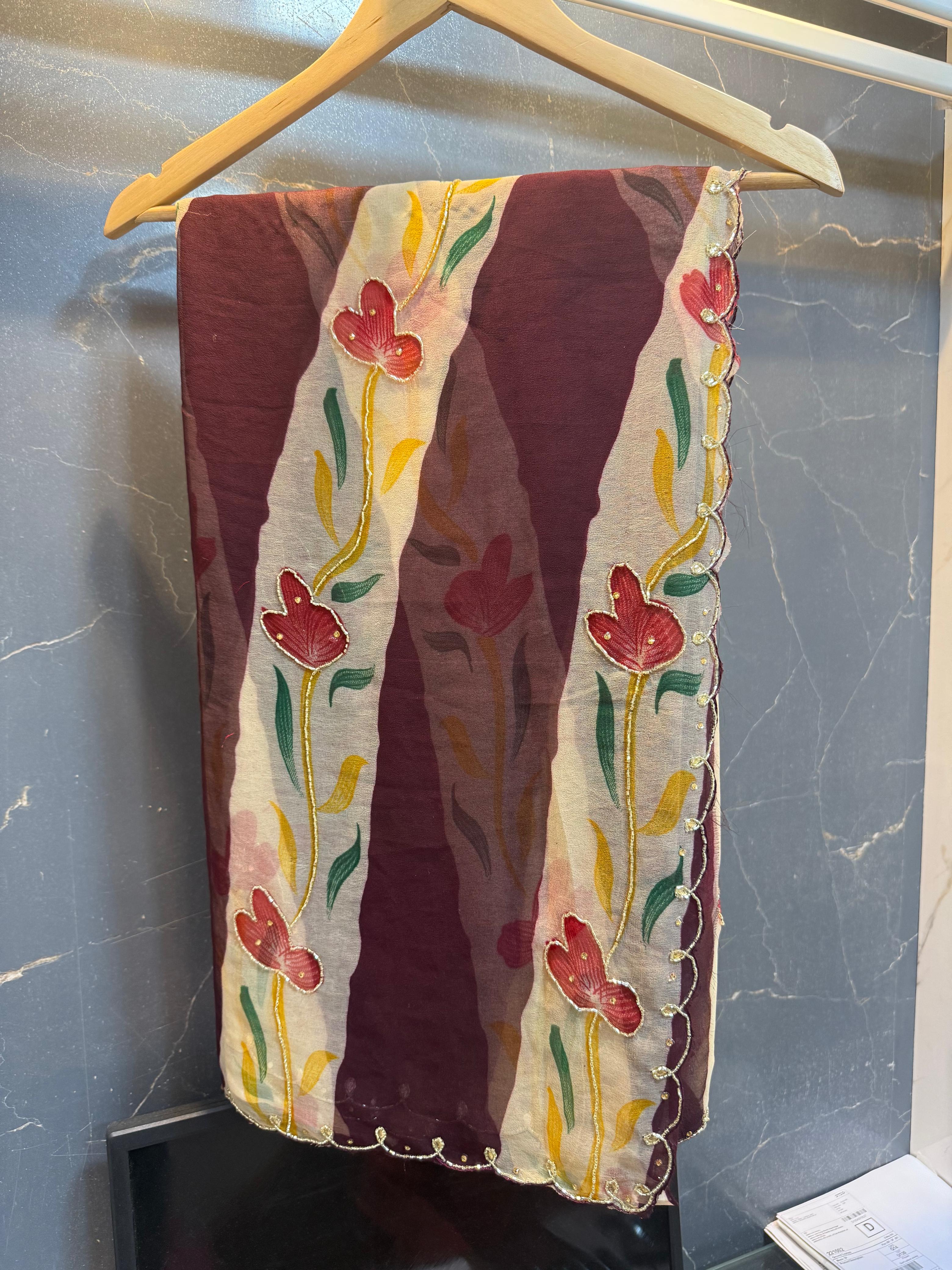 Beautiful Georgette Print Saree With Handwork Touching