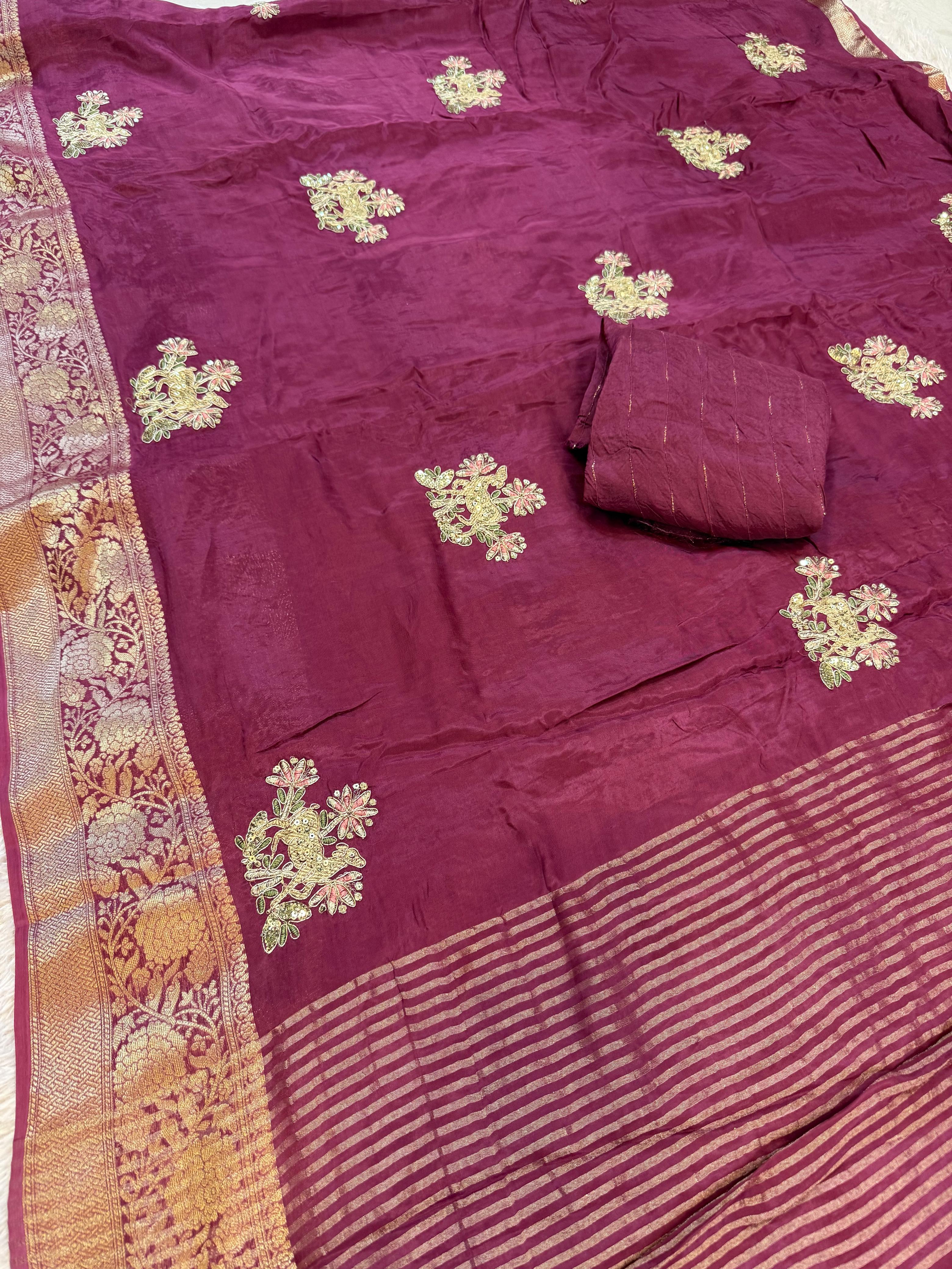 Beautiful H O Silk Saree With Handwork
