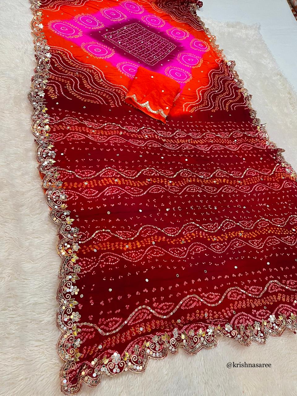 Designer Pure Ojariya Hand Bandhej Saree With Premium Handwork