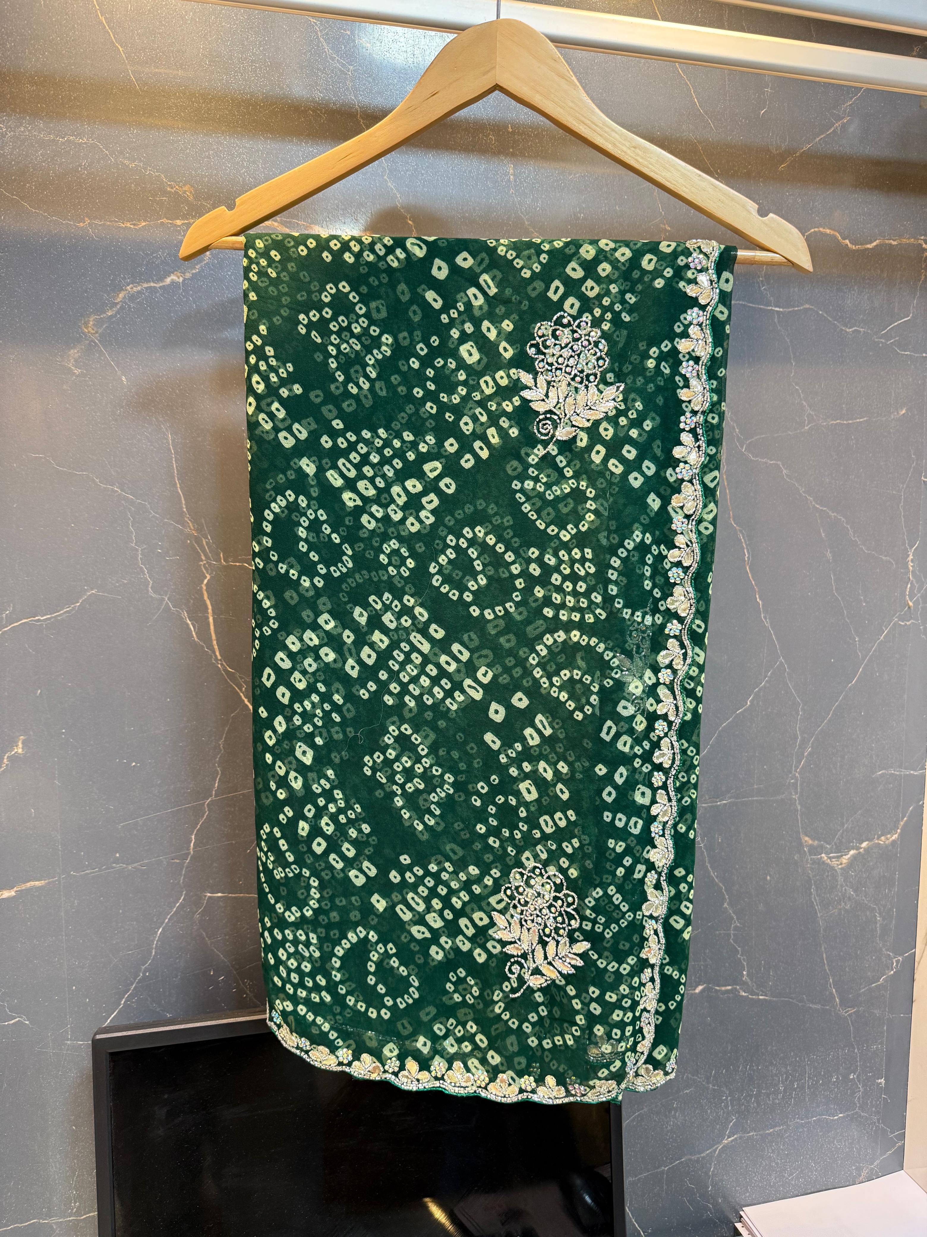 Beautiful Weightless Georgatte  Bandhani  saree With Handwork
