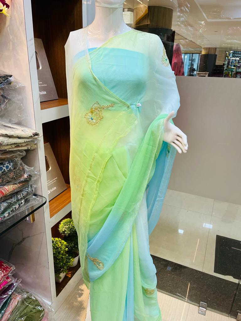 Pure Chiffon Saree With Handwork X jaipuri Dye