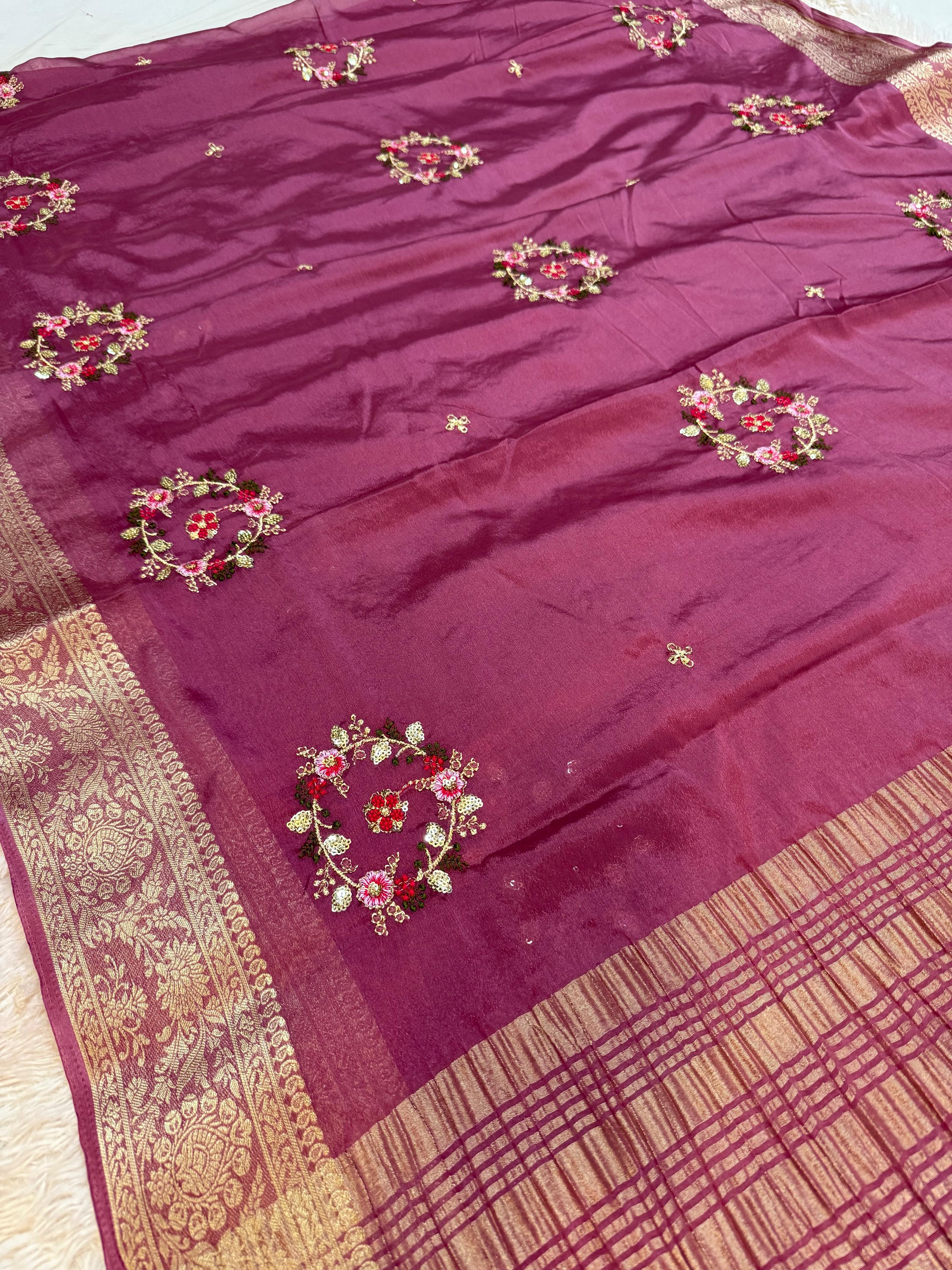 Beautiful D Chinon Saree With Handwork