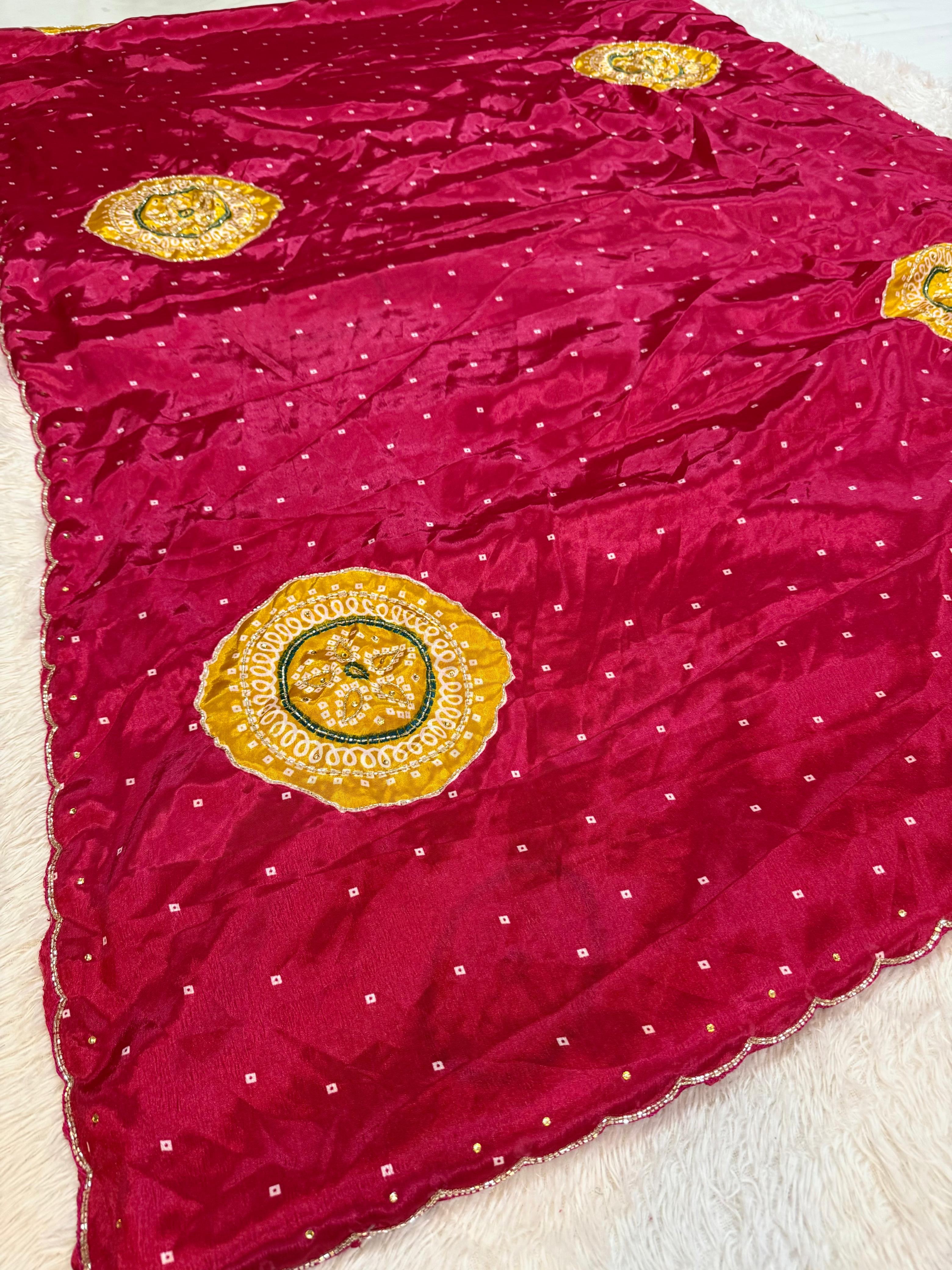 Latest Semi Chinon Bandhani  Saree With Handwork