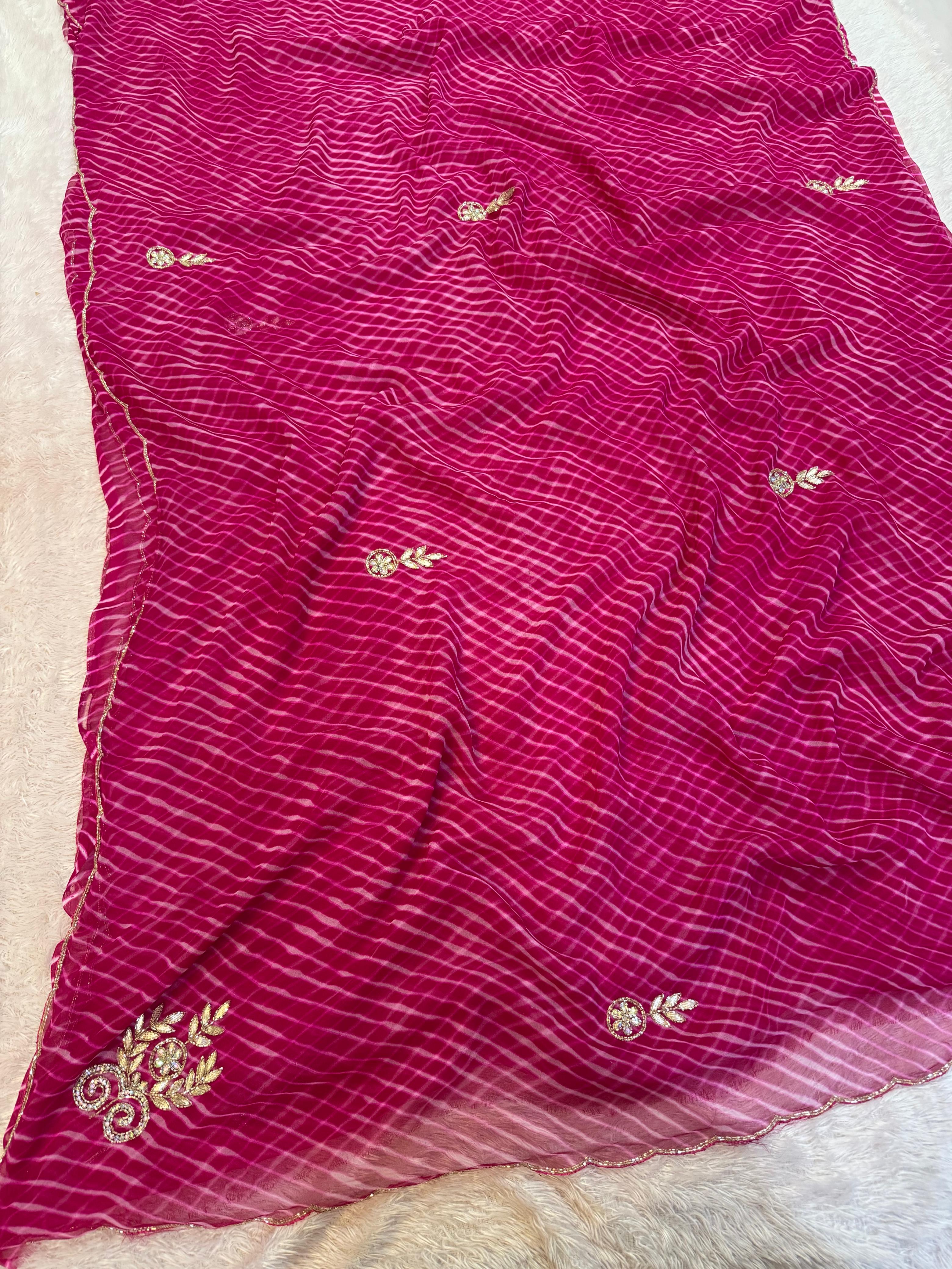 Trending Lehriya Saree with Designer Floral Handwork