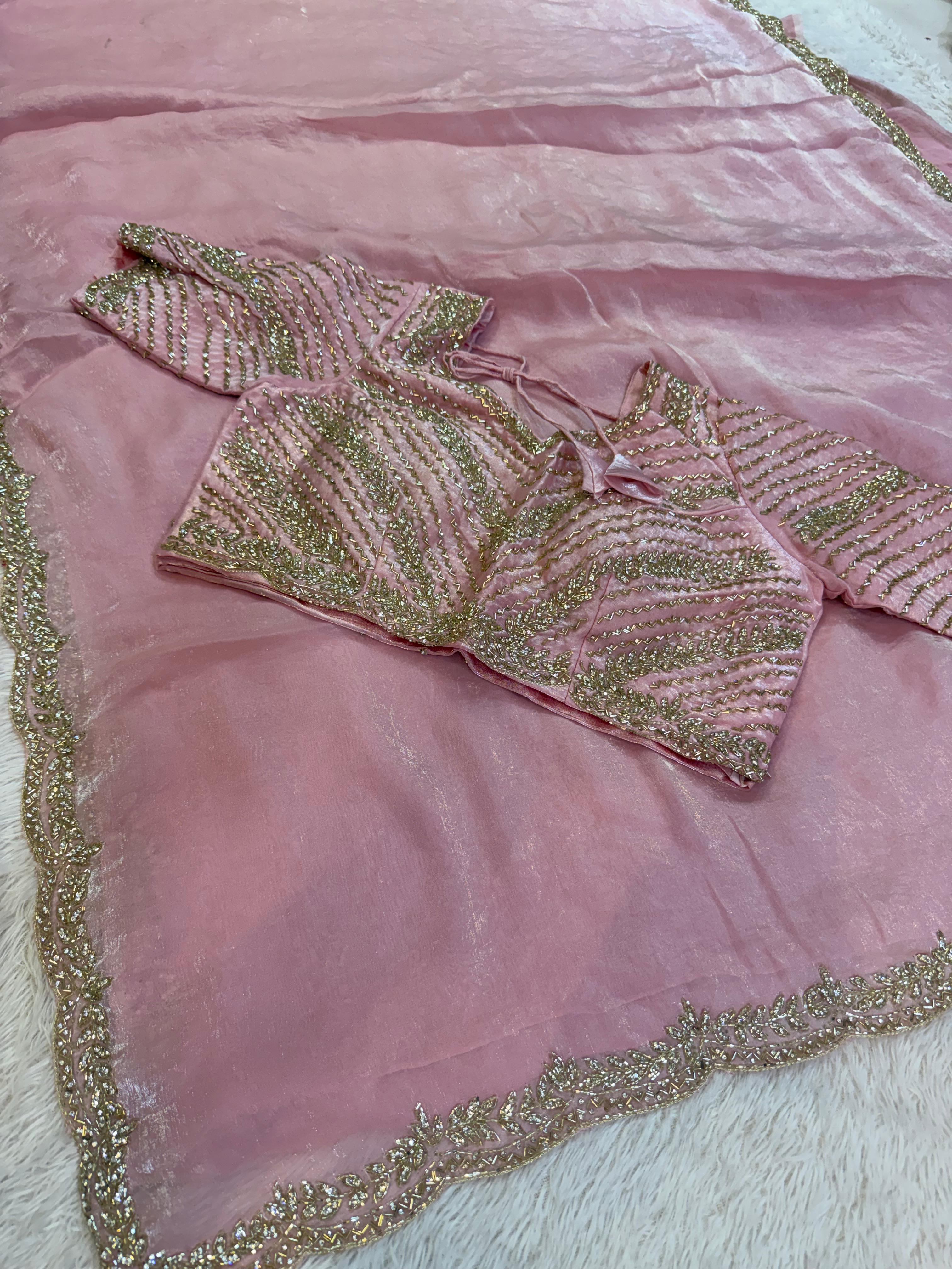 Designer Fendi Silk Saree With Handwork X Ready To Ware Blouse