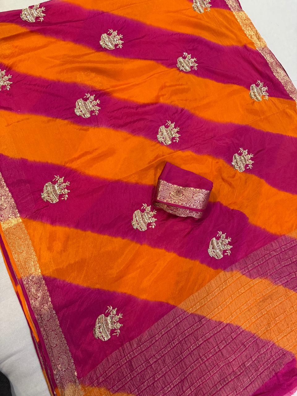 Designer Semi Chinon Saree With Handwork