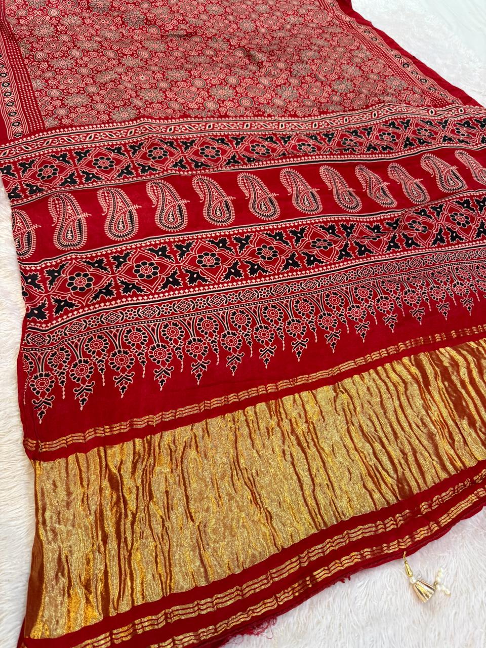 Latest Modal Silk Saree With Jaipuri Print X Ajrakh Print
