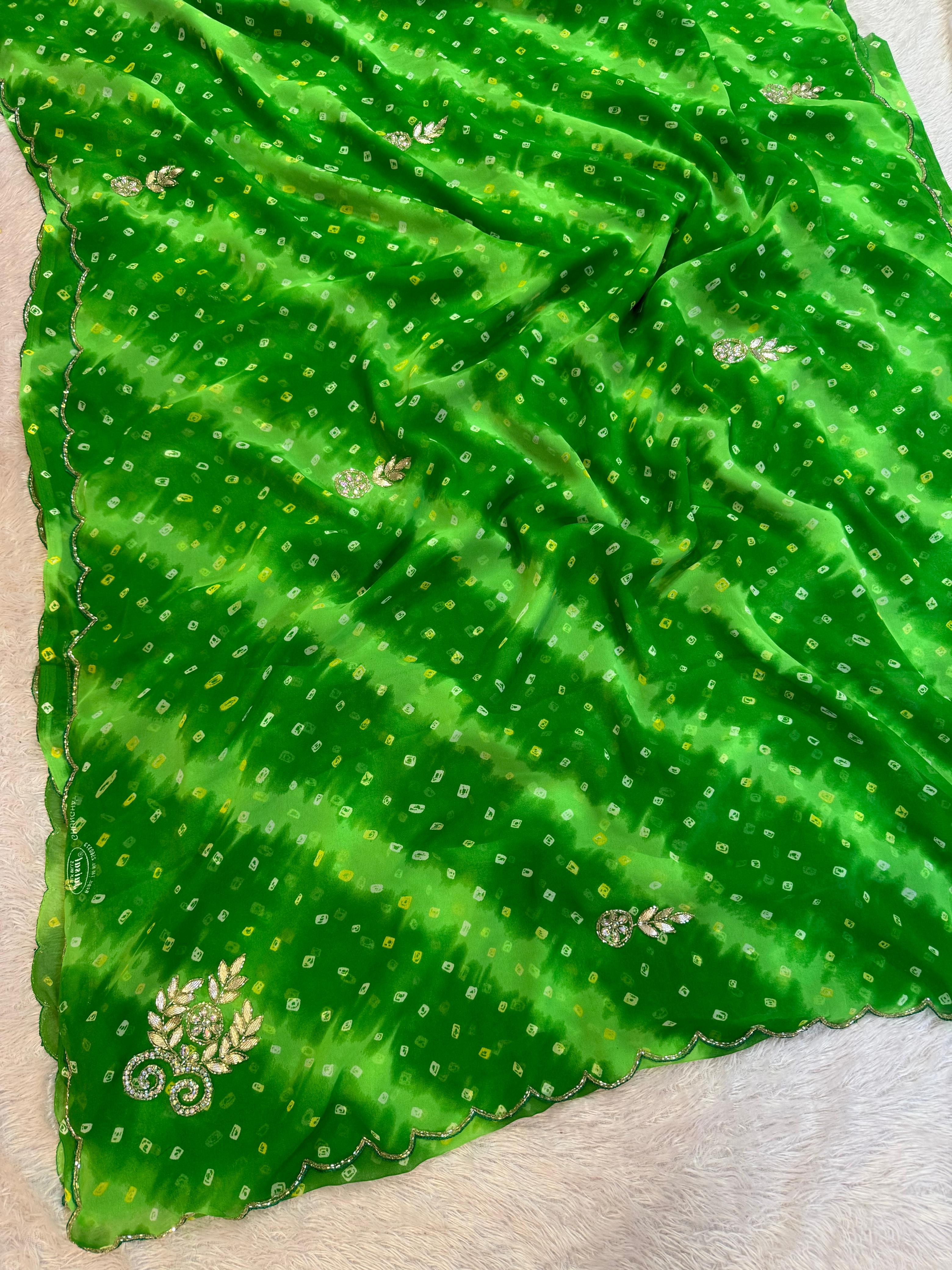 Beautiful Semi Chiffon Saree With Handwork And Hand Bhandej