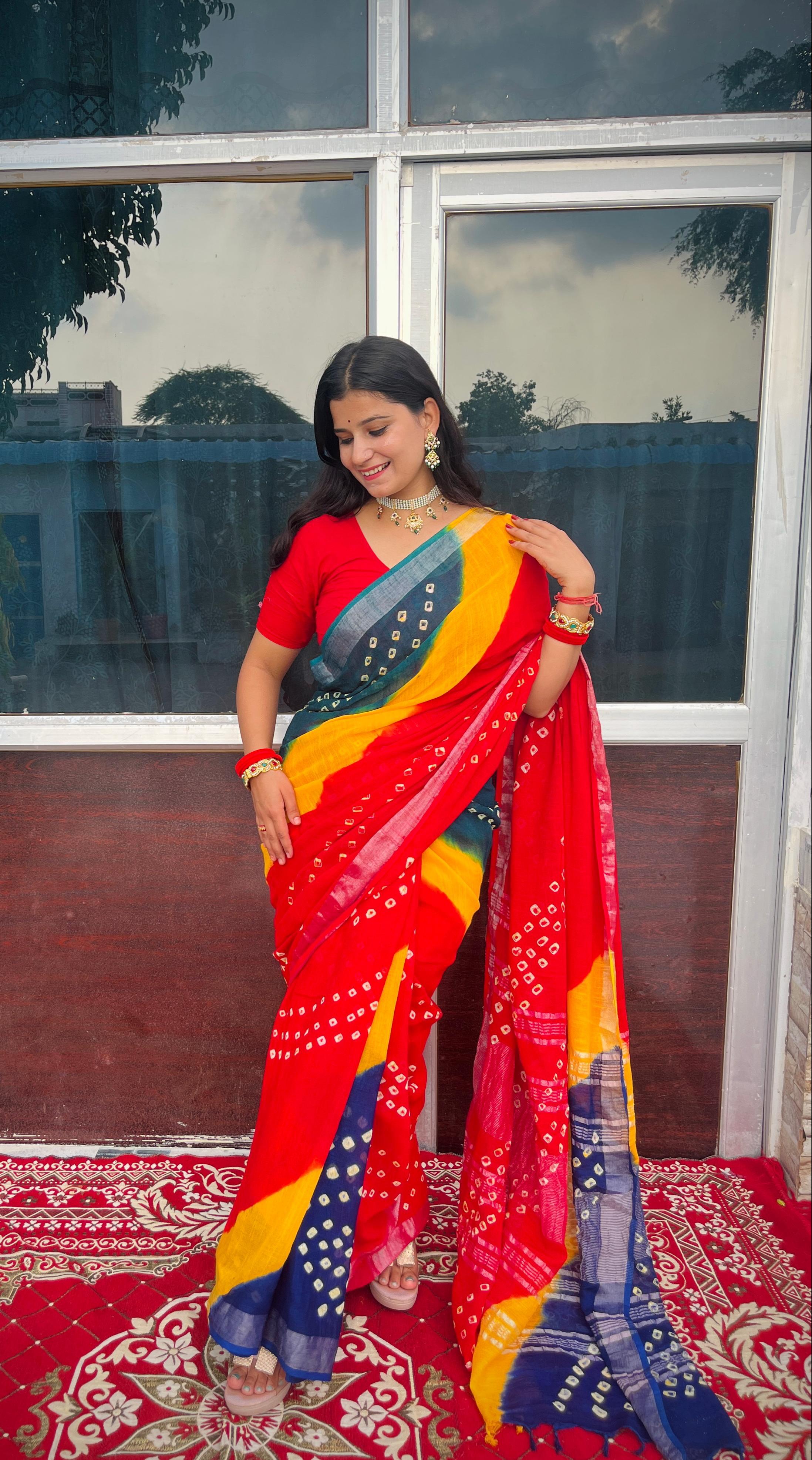 Linan Cotton Saree Hand Bandhej Jaipuri Design