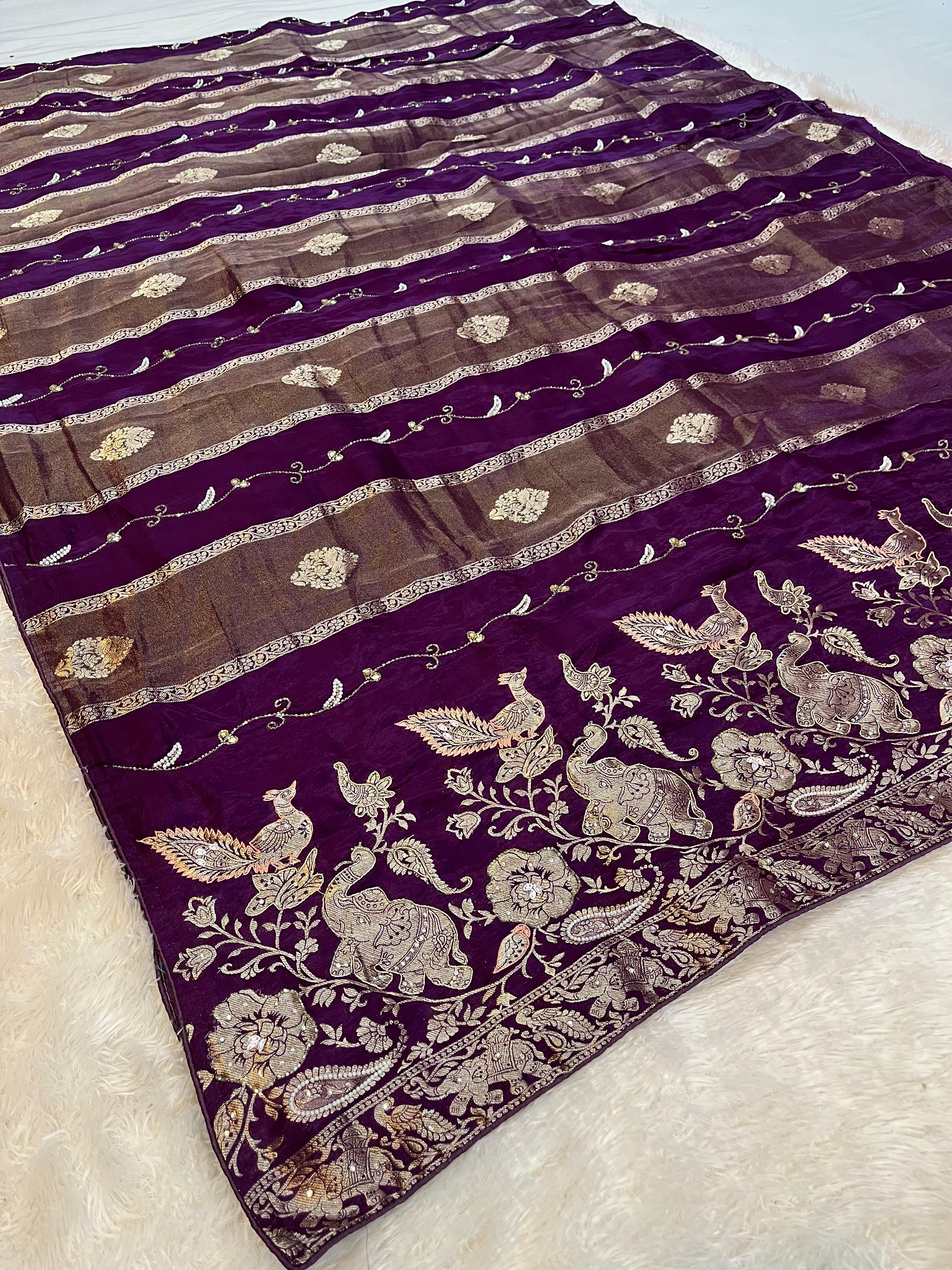 Designer H O Silk  Saree With Handwork