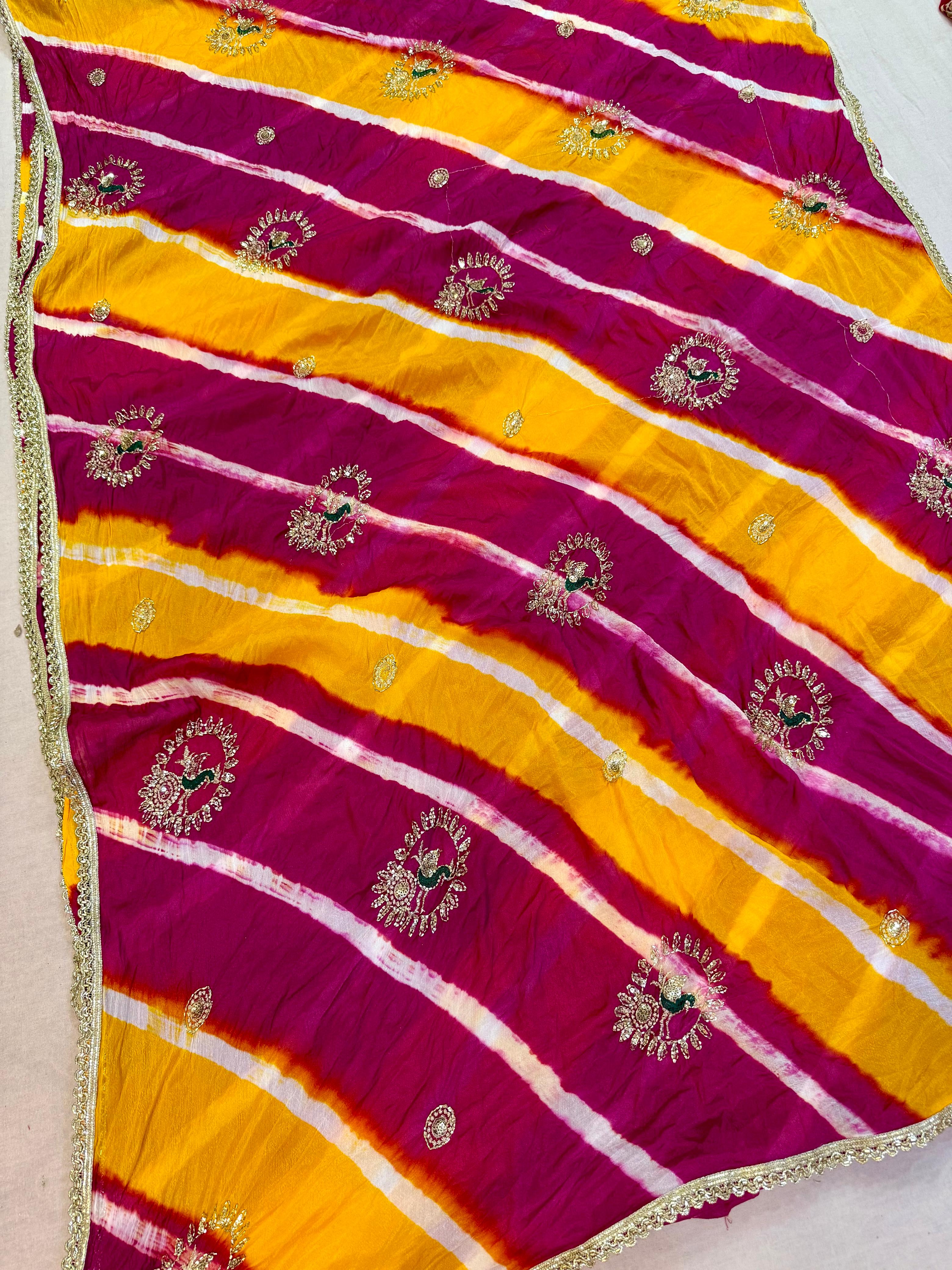 Latest Semi Chinon Leheriya Saree With Handwork