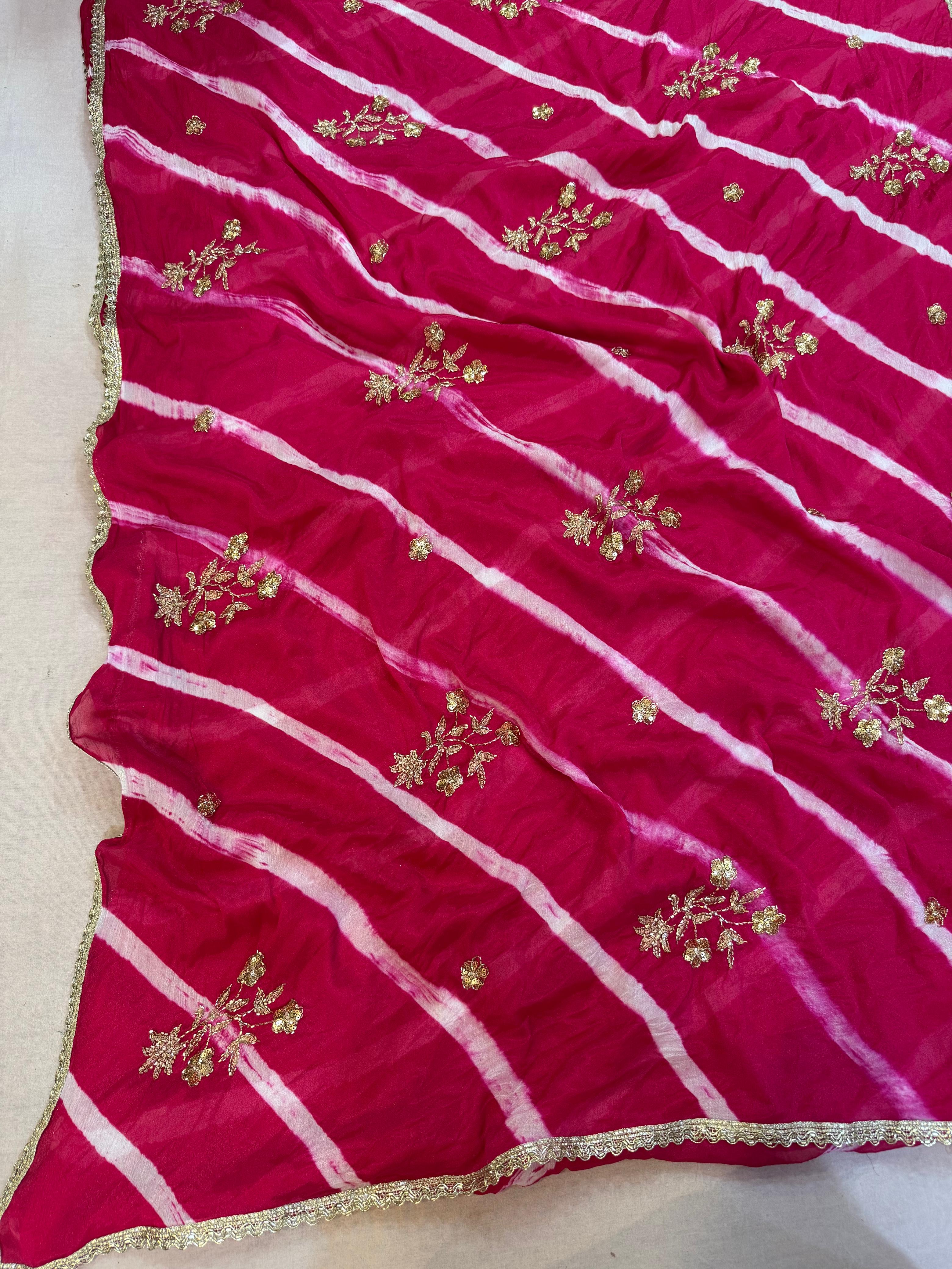 Designer Semi Chinon Leheriya Saree With Handwork