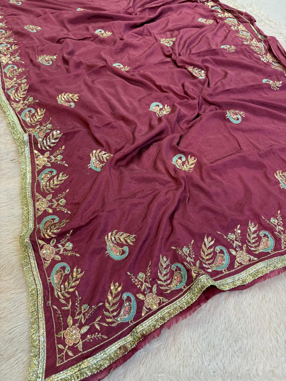 Latest Semi Chinon Saree With Handwork