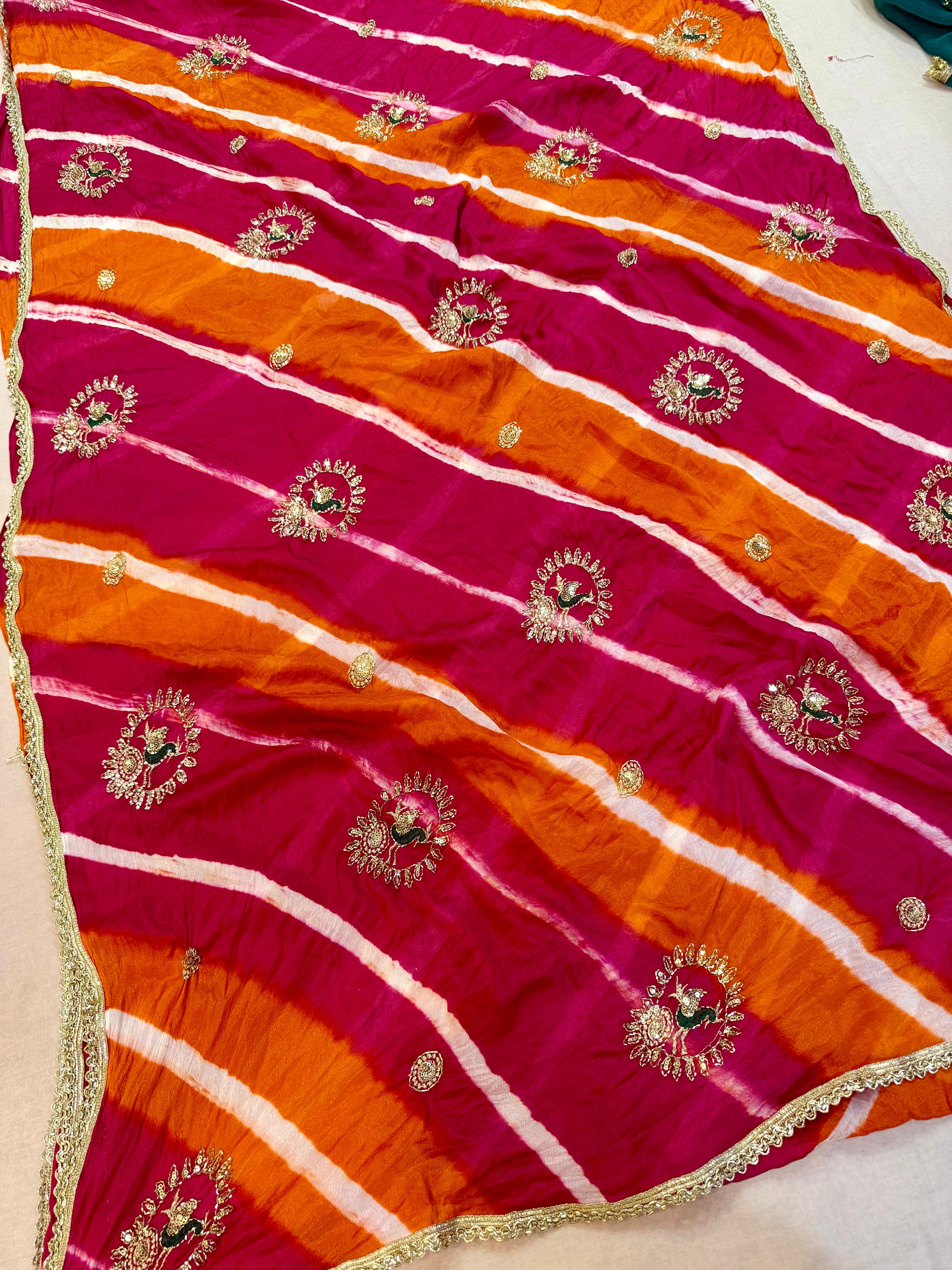 Latest Semi Chinon Leheriya Saree With Handwork