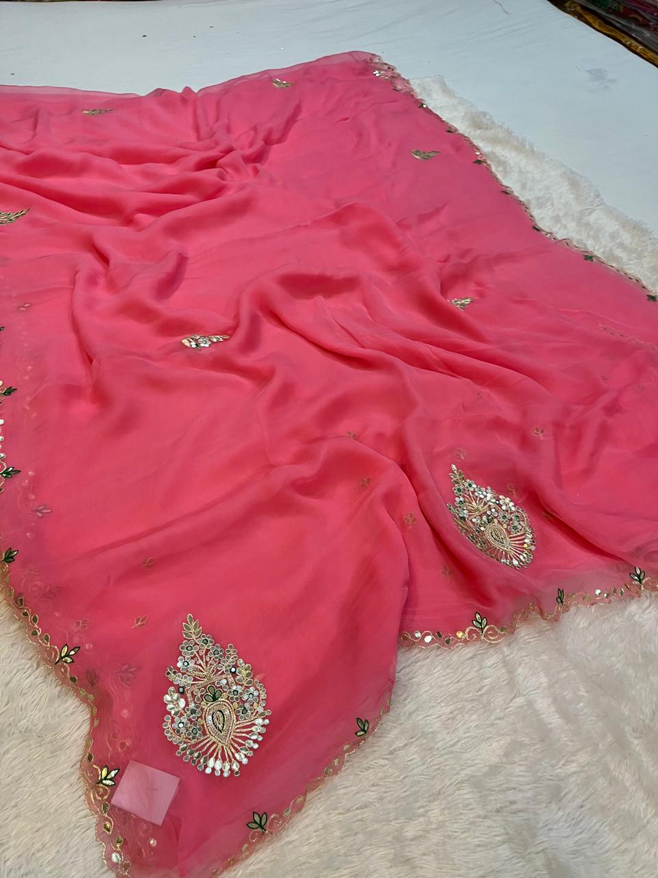 Beautiful Chiffon Saree With Premium Handwork