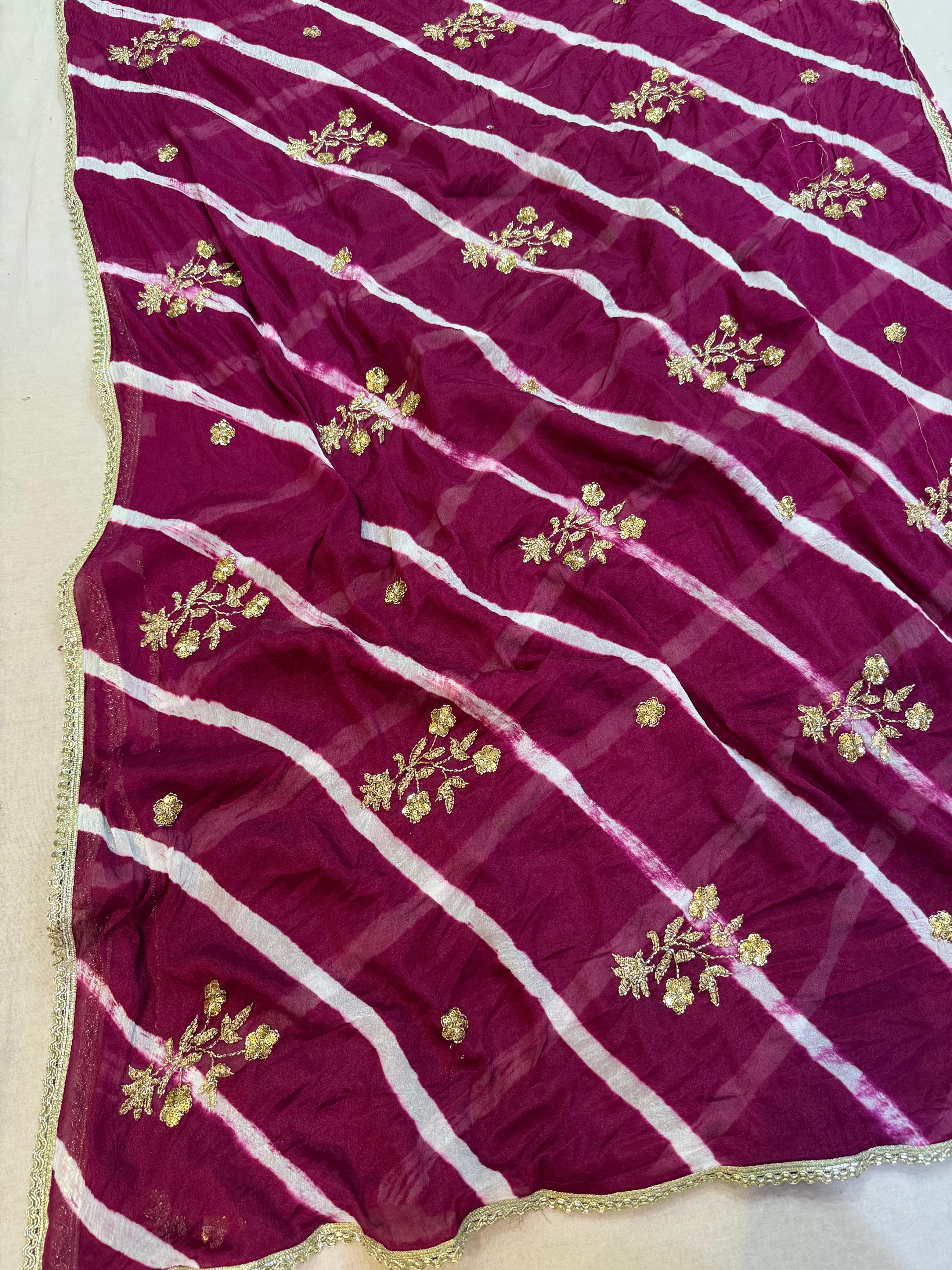 Designer Semi Chinon Leheriya Saree With Handwork