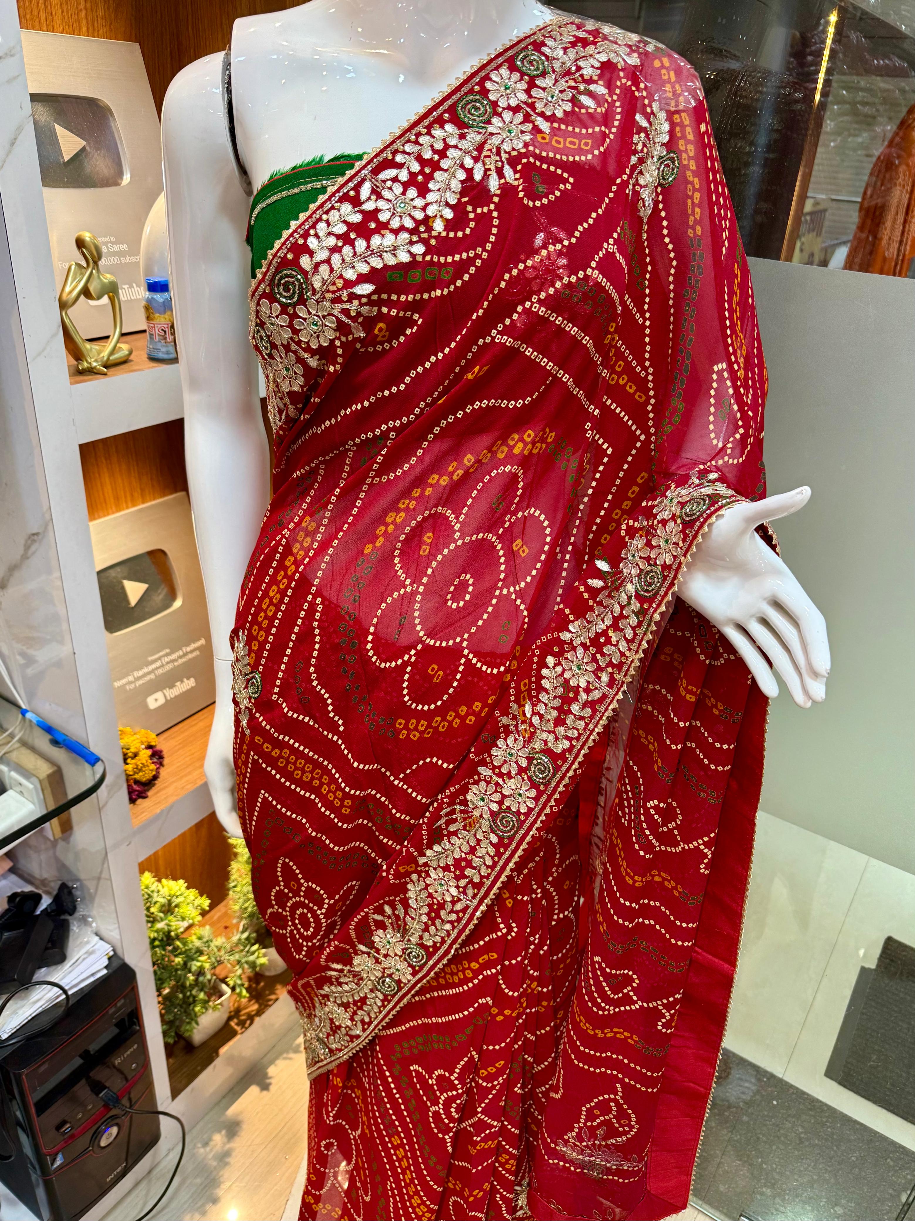 Traditional Pure Viscose Georgatte Fabric Bandhni Print Saree With Handwork