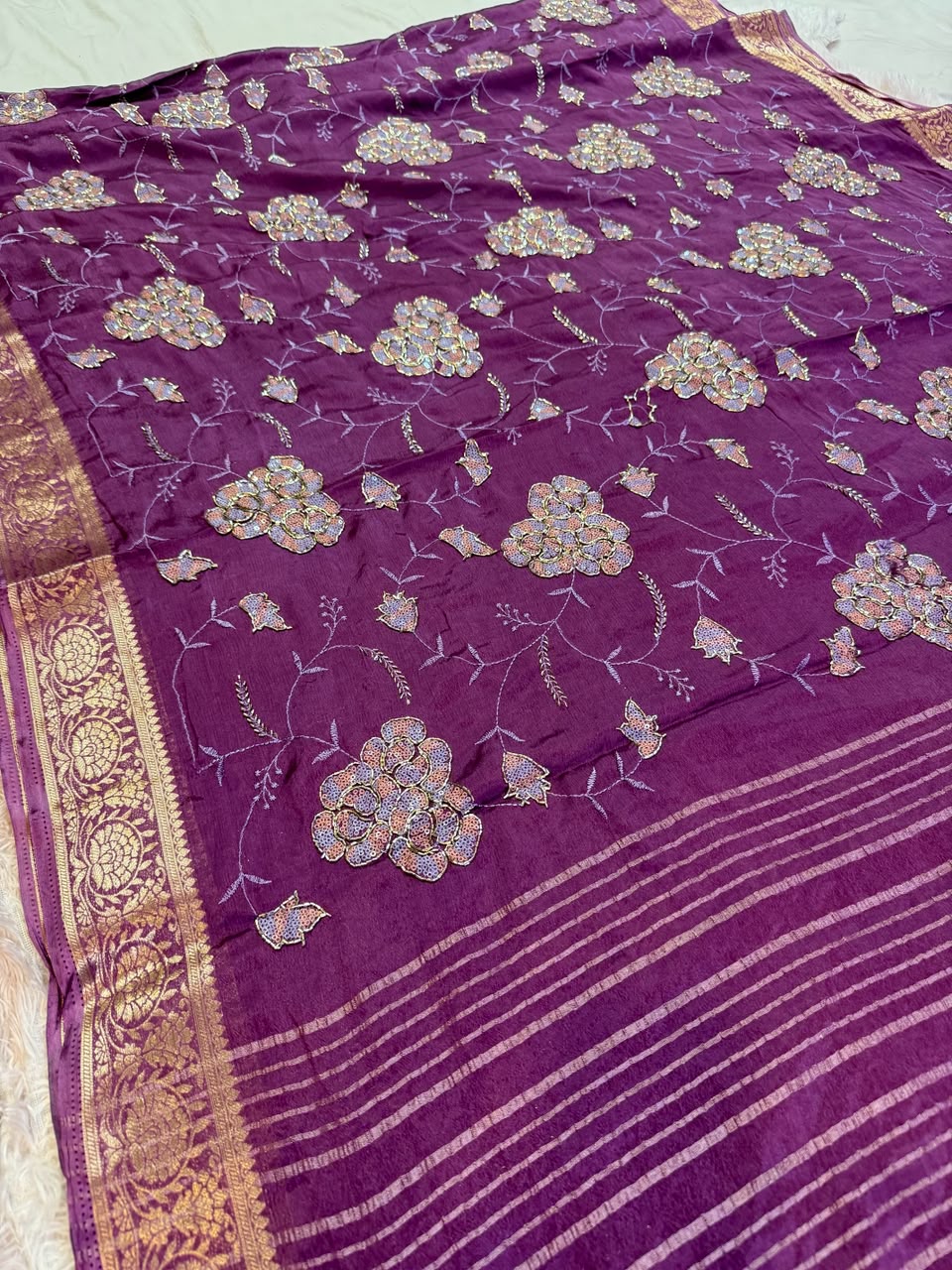 Designer Semi Chinon Saree With Fancy Work