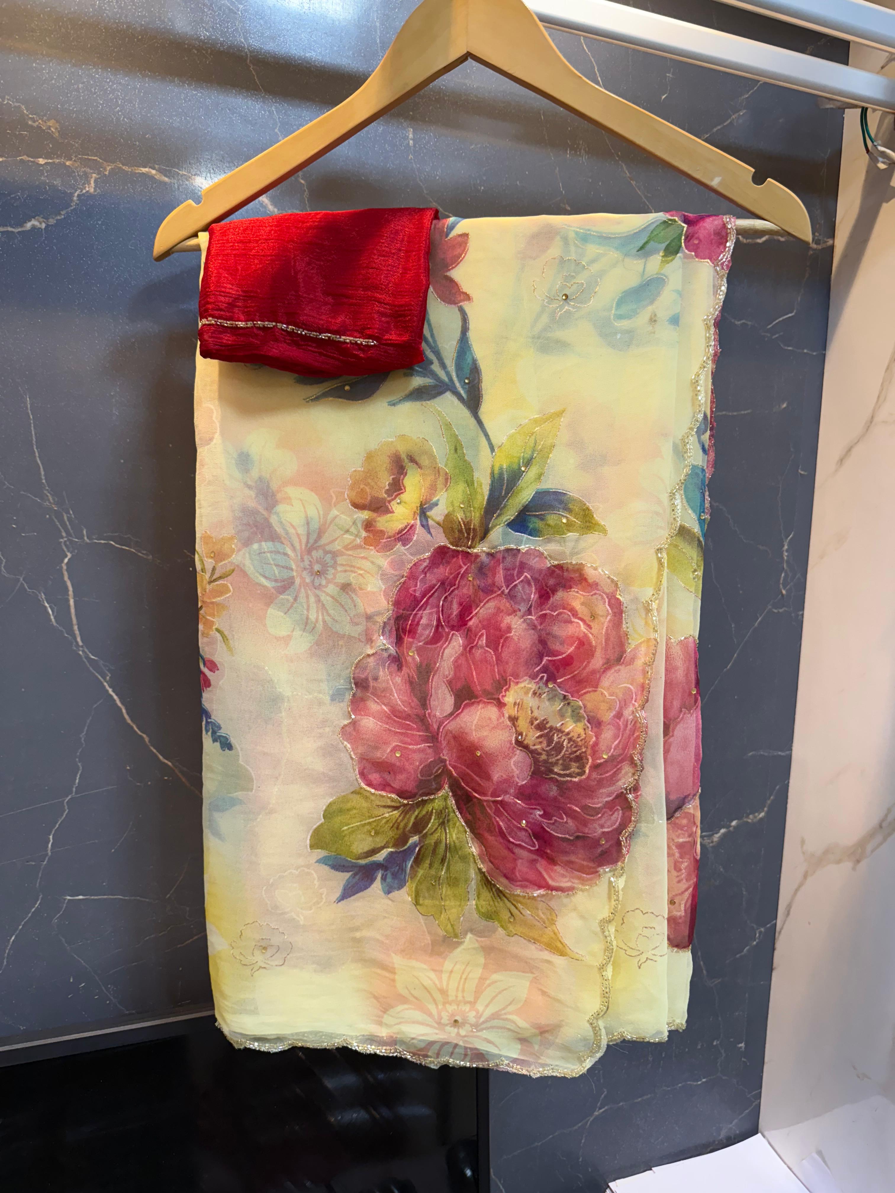 Beautiful Georgette Flower Print Saree With Handwork Touching