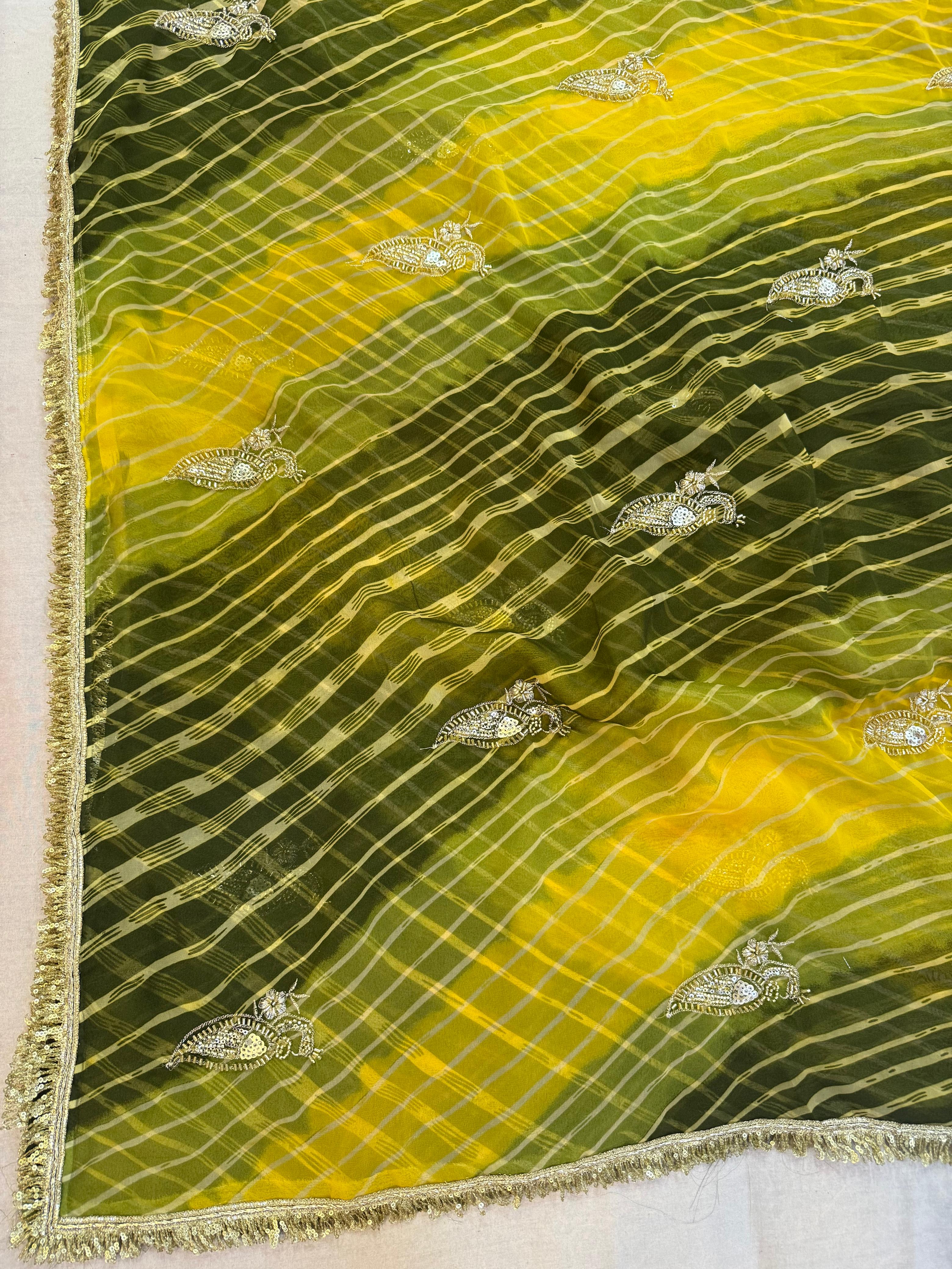 Latest Georgatte Leheriya Saree With Handwork Work