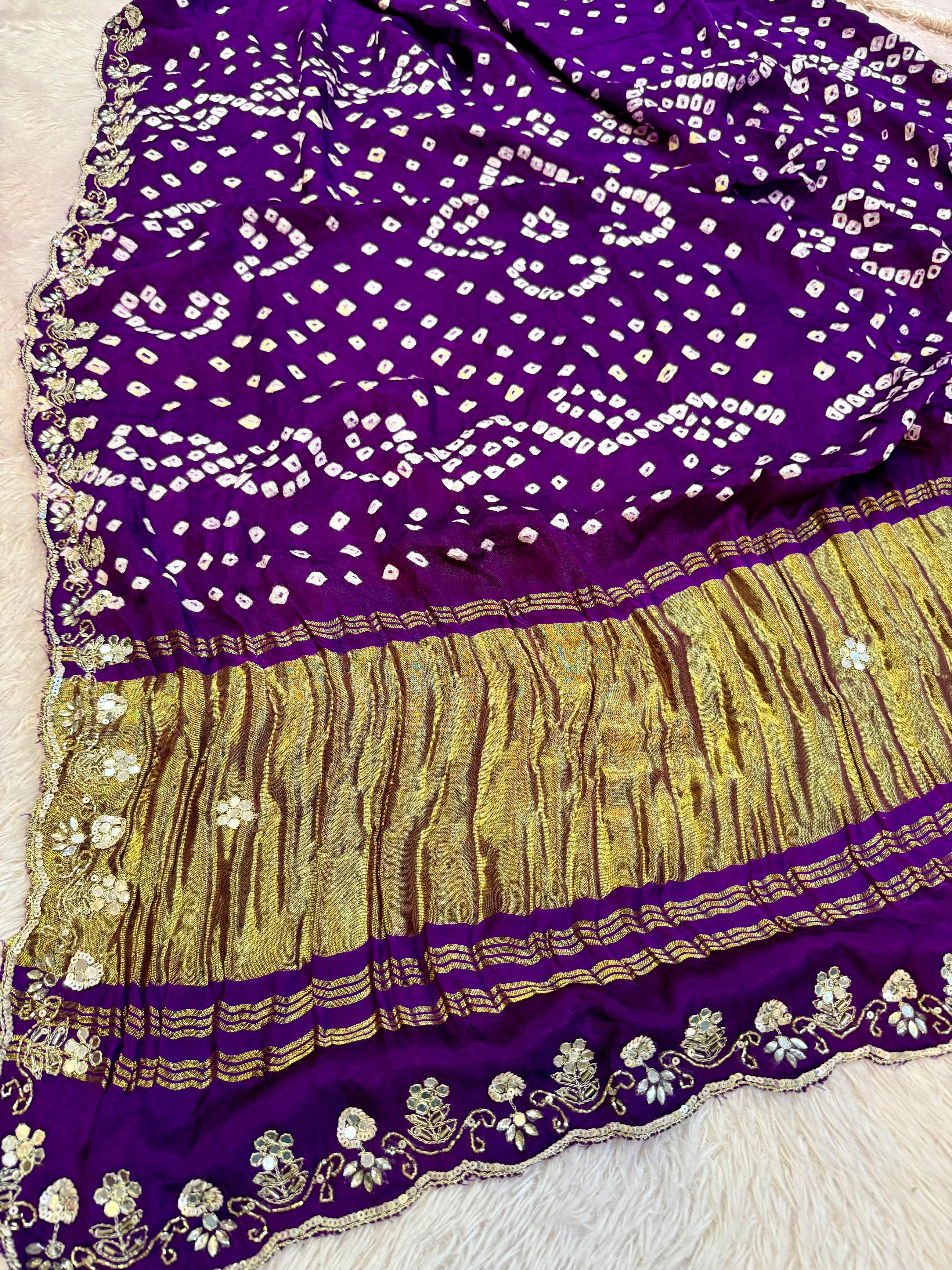 Traditional Modal Gajji Silk Bandhani Saree With Handwork