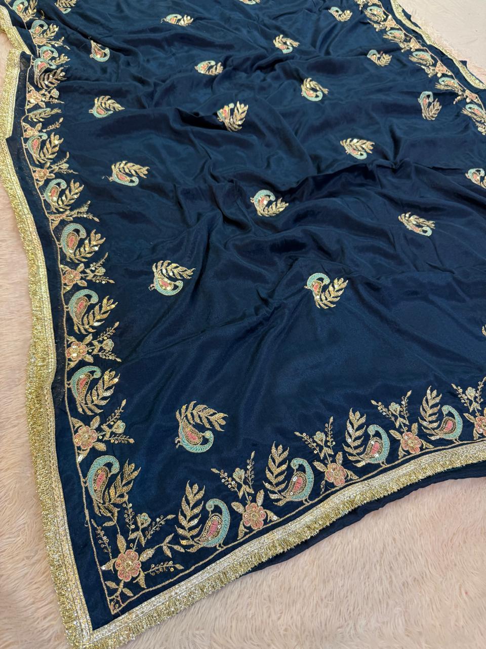 Latest Semi Chinon Saree With Handwork