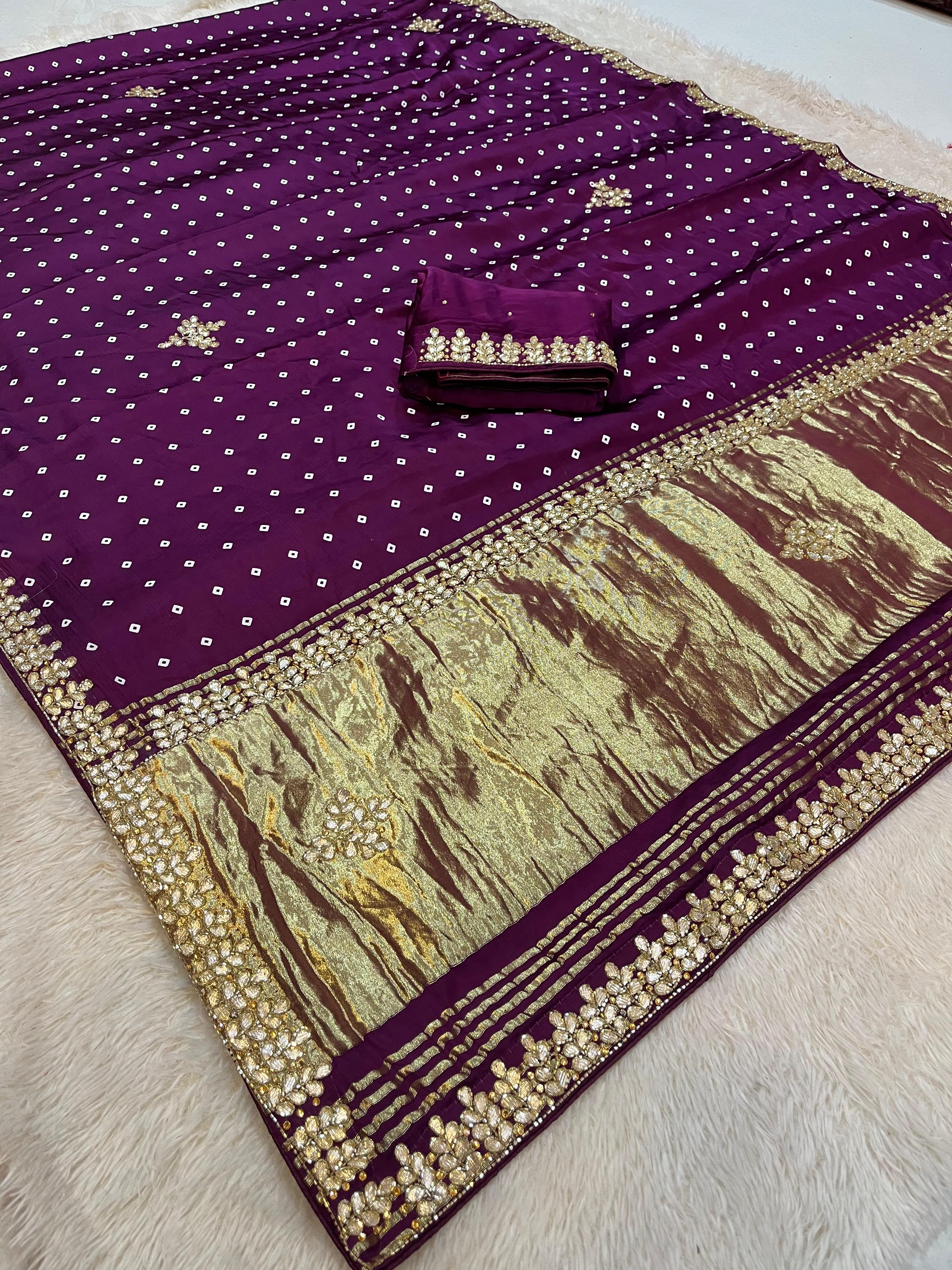 Designer Modal Silk Bandhani Table Print Saree With Handwork