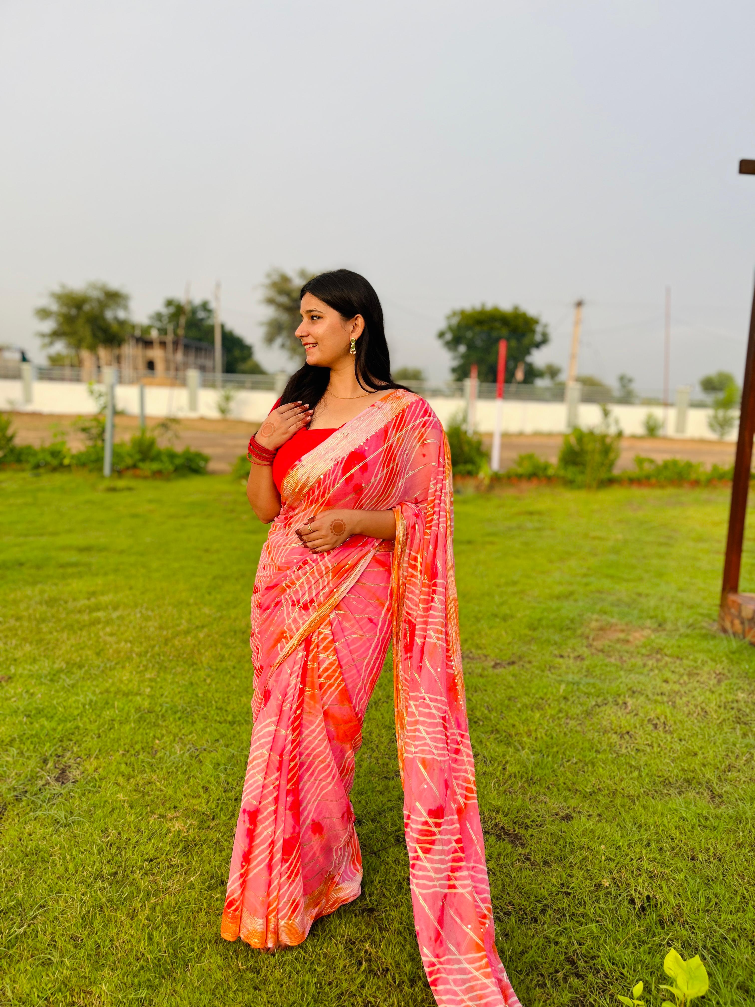 Designer Pure Chiffon Lahriya Saree With Handwork