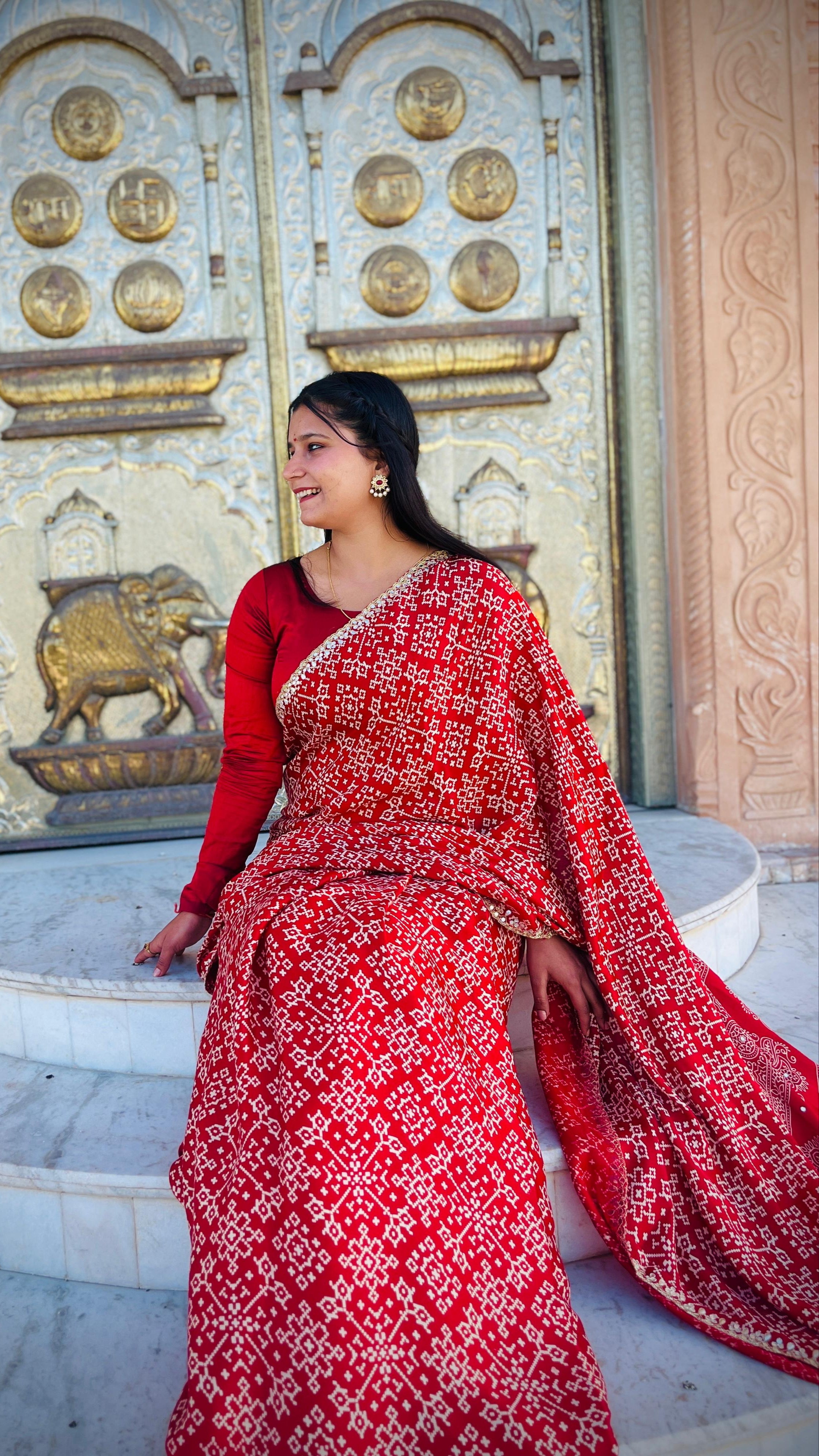 Modal Silk Saree With Jaipuri Print X Ajrakh Print