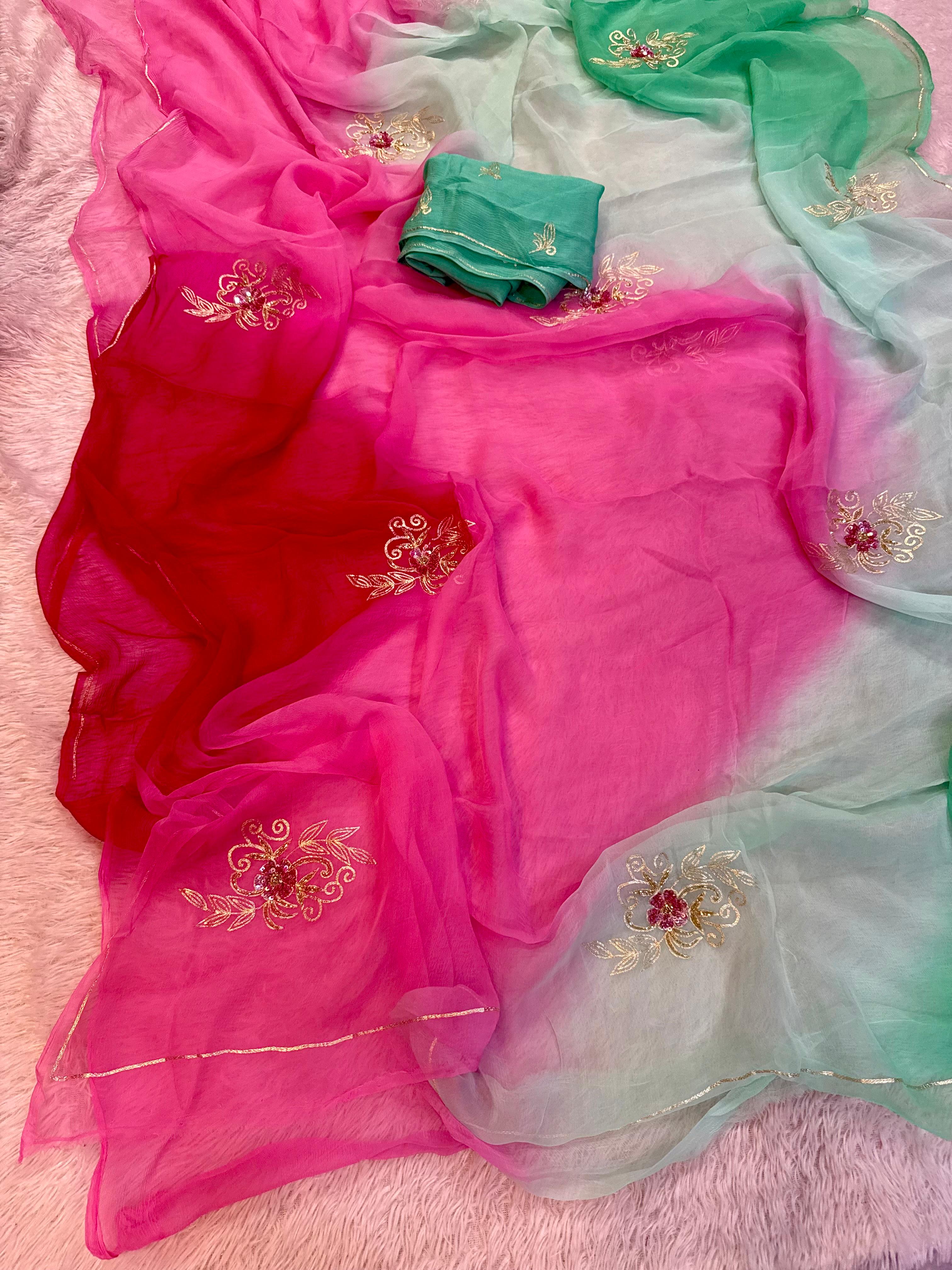 Rich Look  Pure Chiffon Saree With Handwork