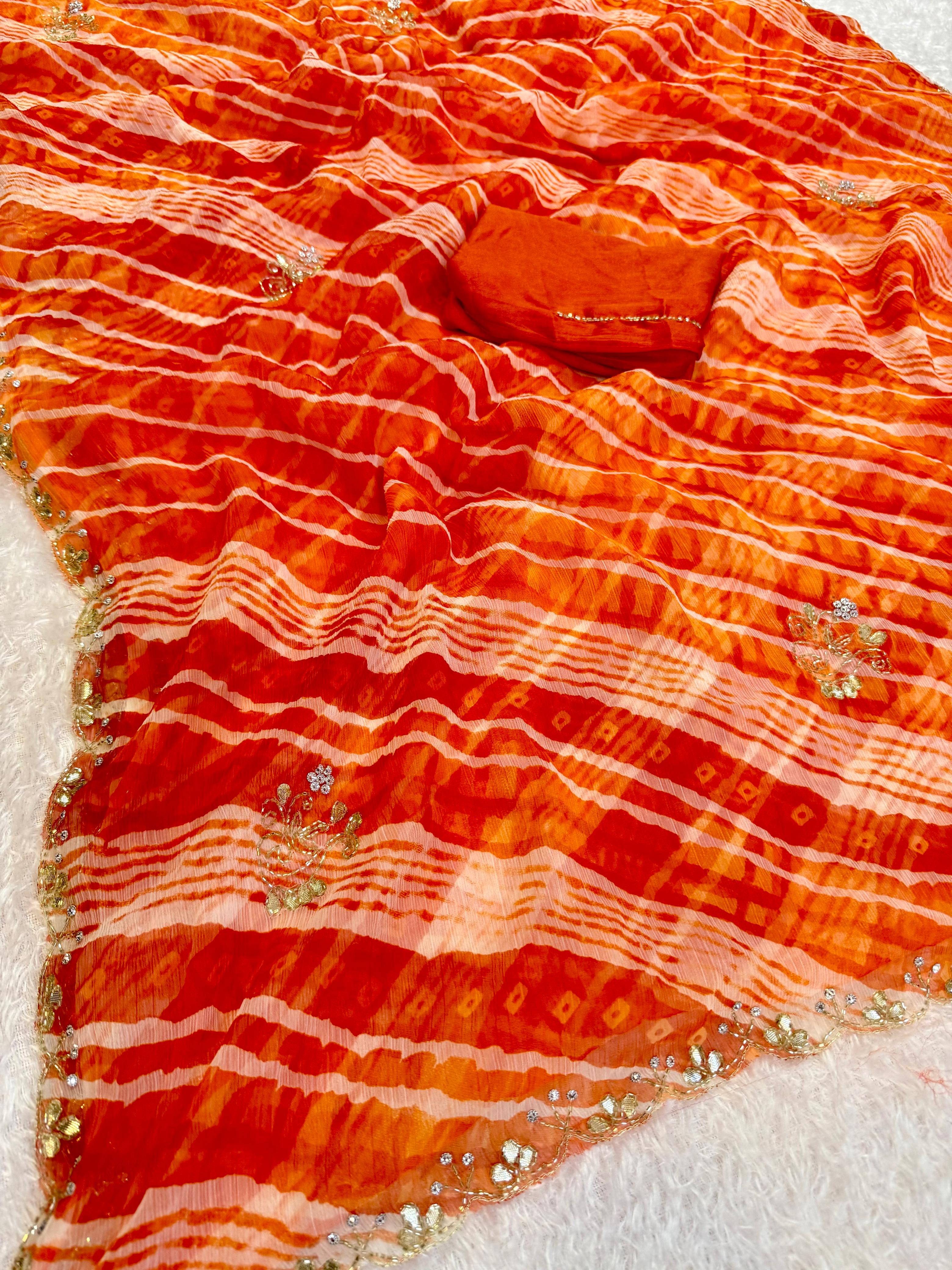Latest Semi Chiffon Leheriya Saree With Handwork