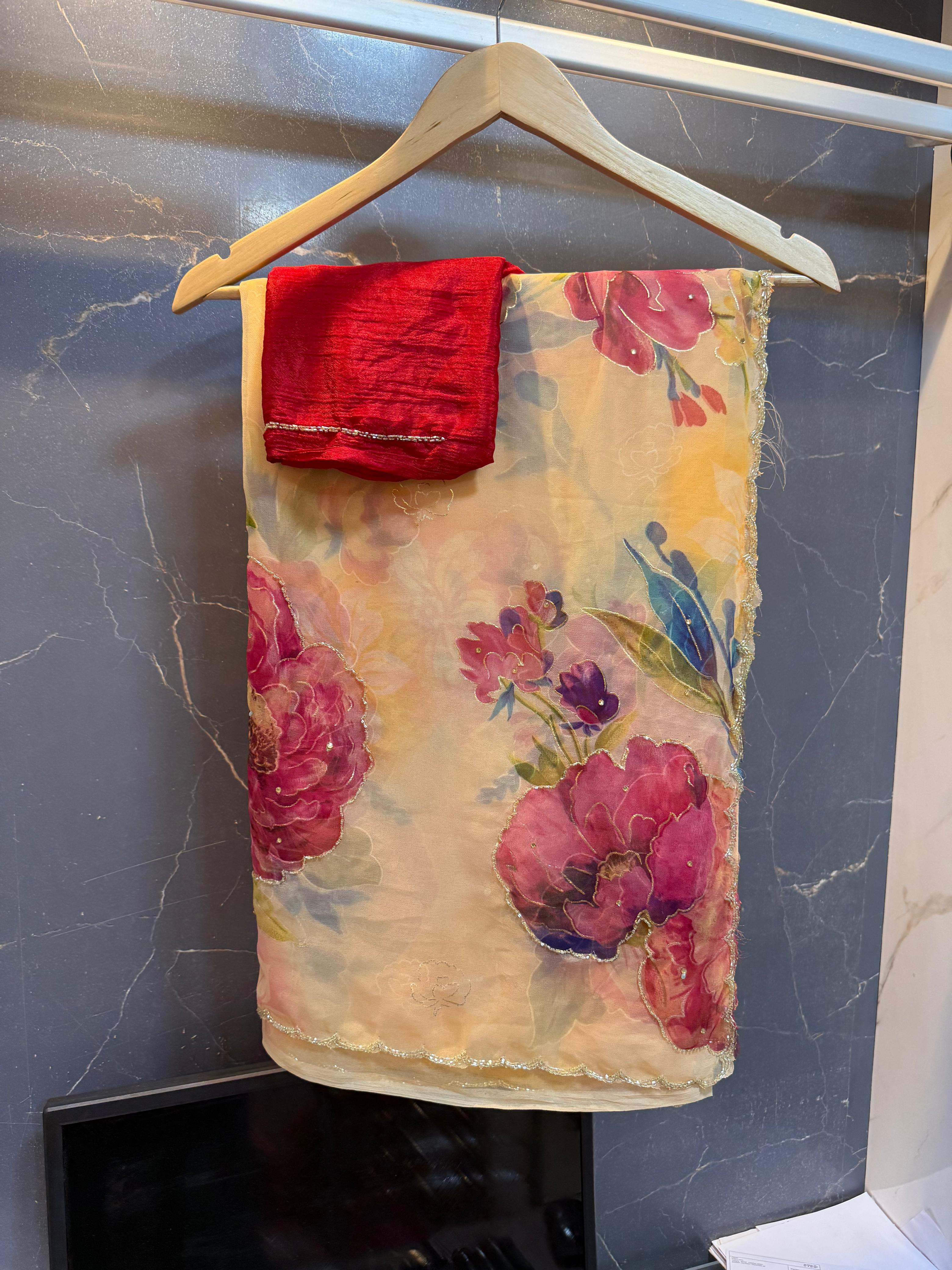 Beautiful Georgette Flower Print Saree With Handwork Touching