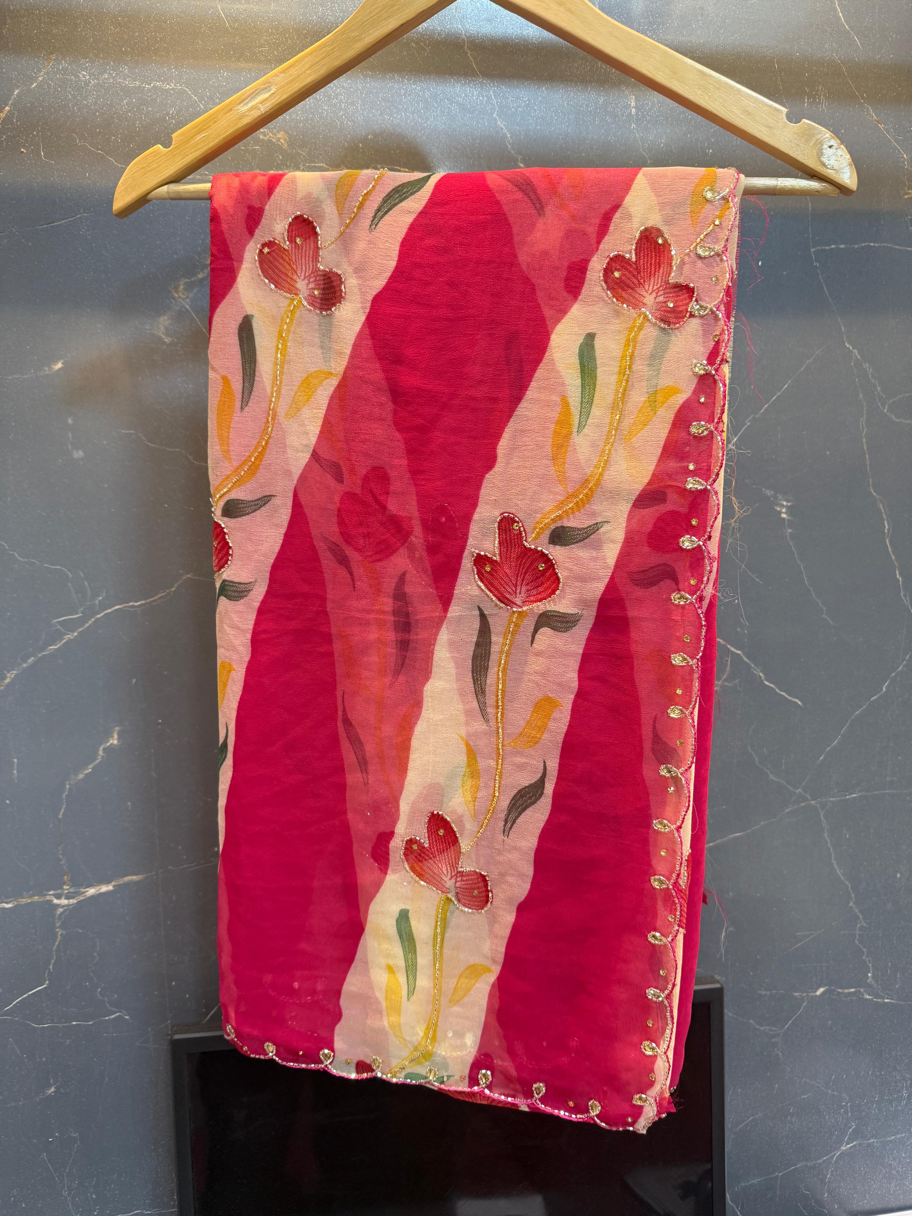 Beautiful Georgette Print Saree With Handwork Touching