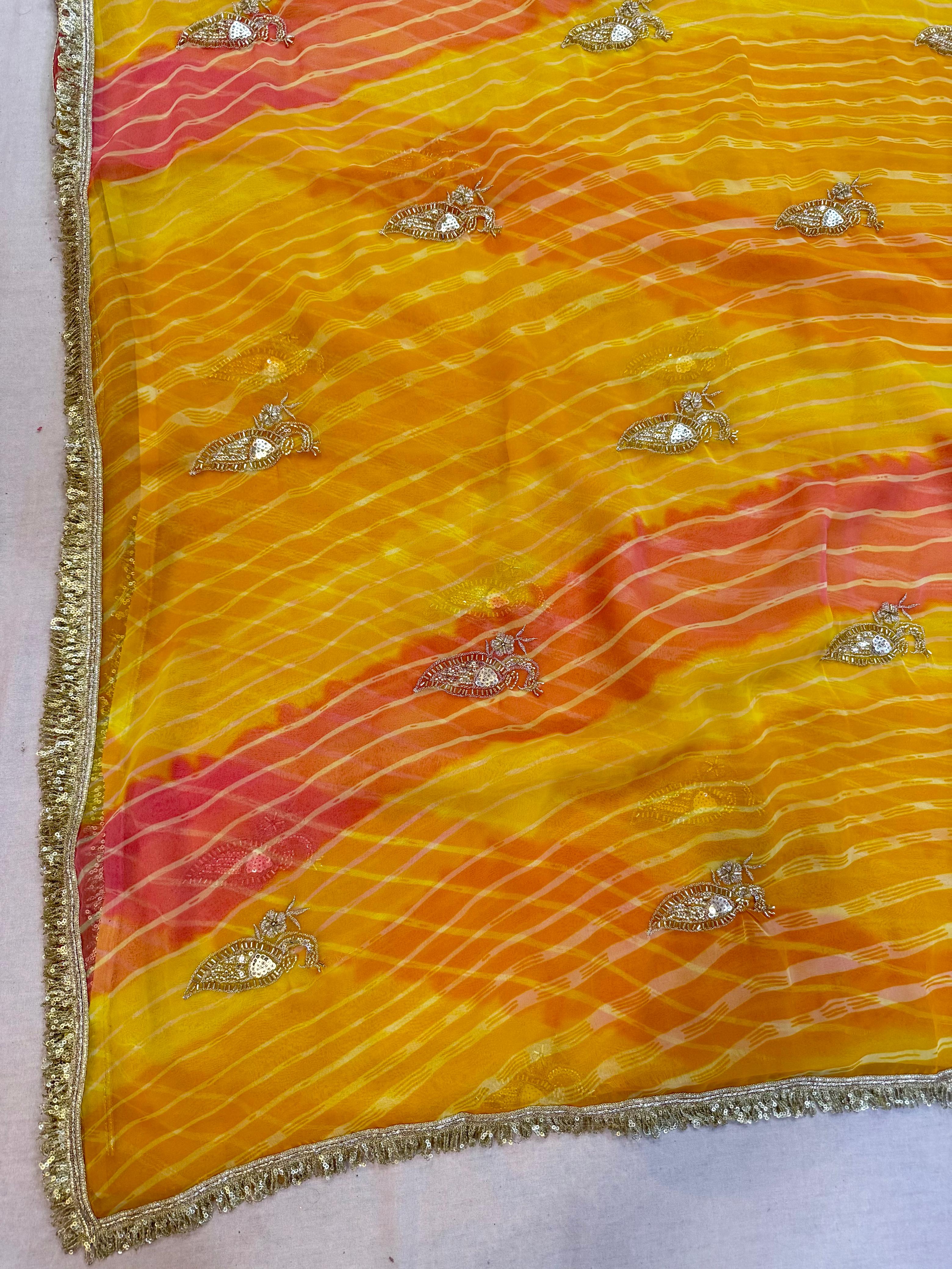 Latest Georgatte Leheriya Saree With Handwork Work