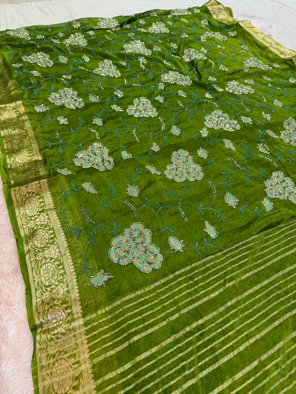 Designer Semi Chinon Saree With Fancy Work