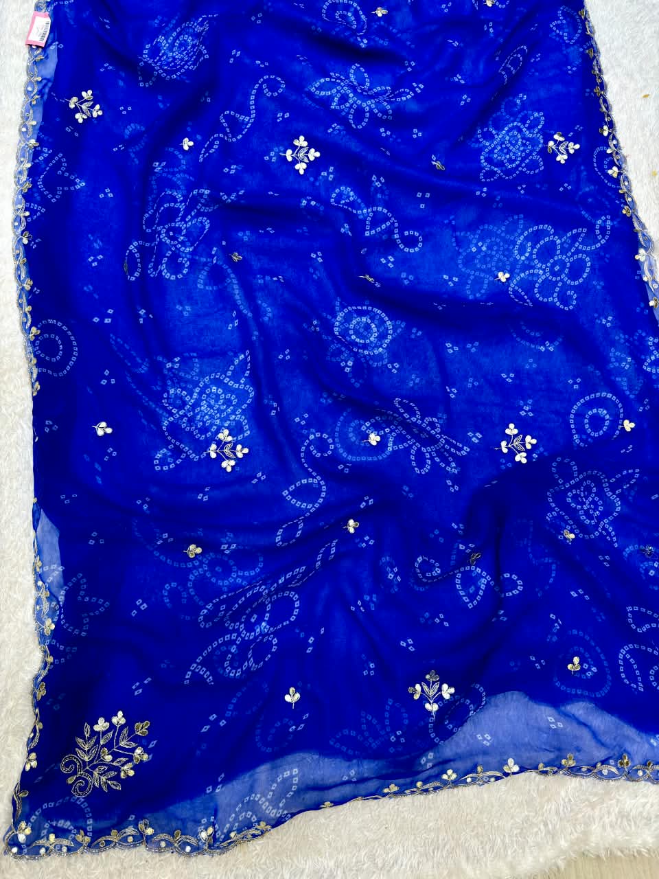 Beautiful Semi Chiffon Bandhani Saree With Handwork