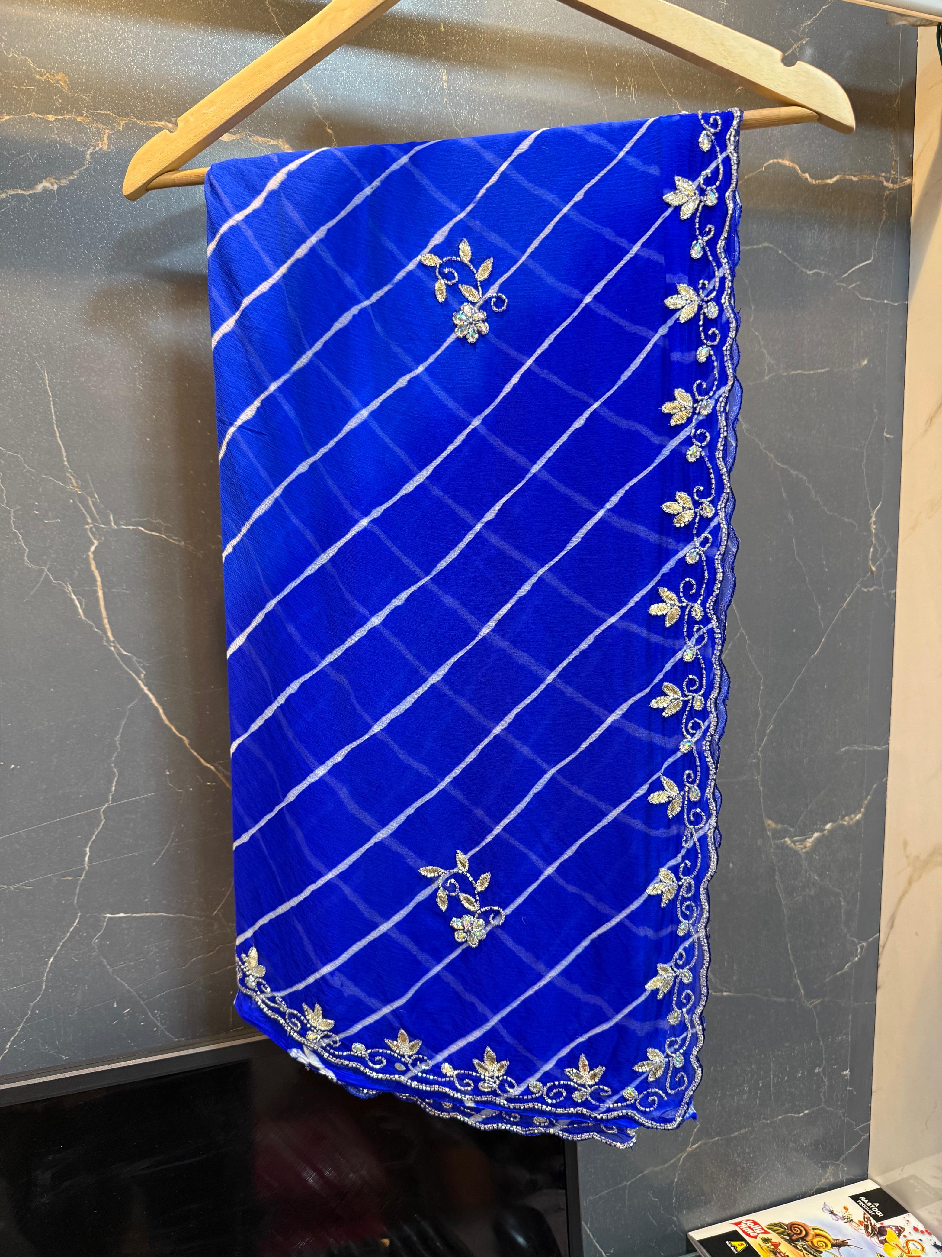 Beautiful Semi Chiffon Lahriya Saree With Handwork