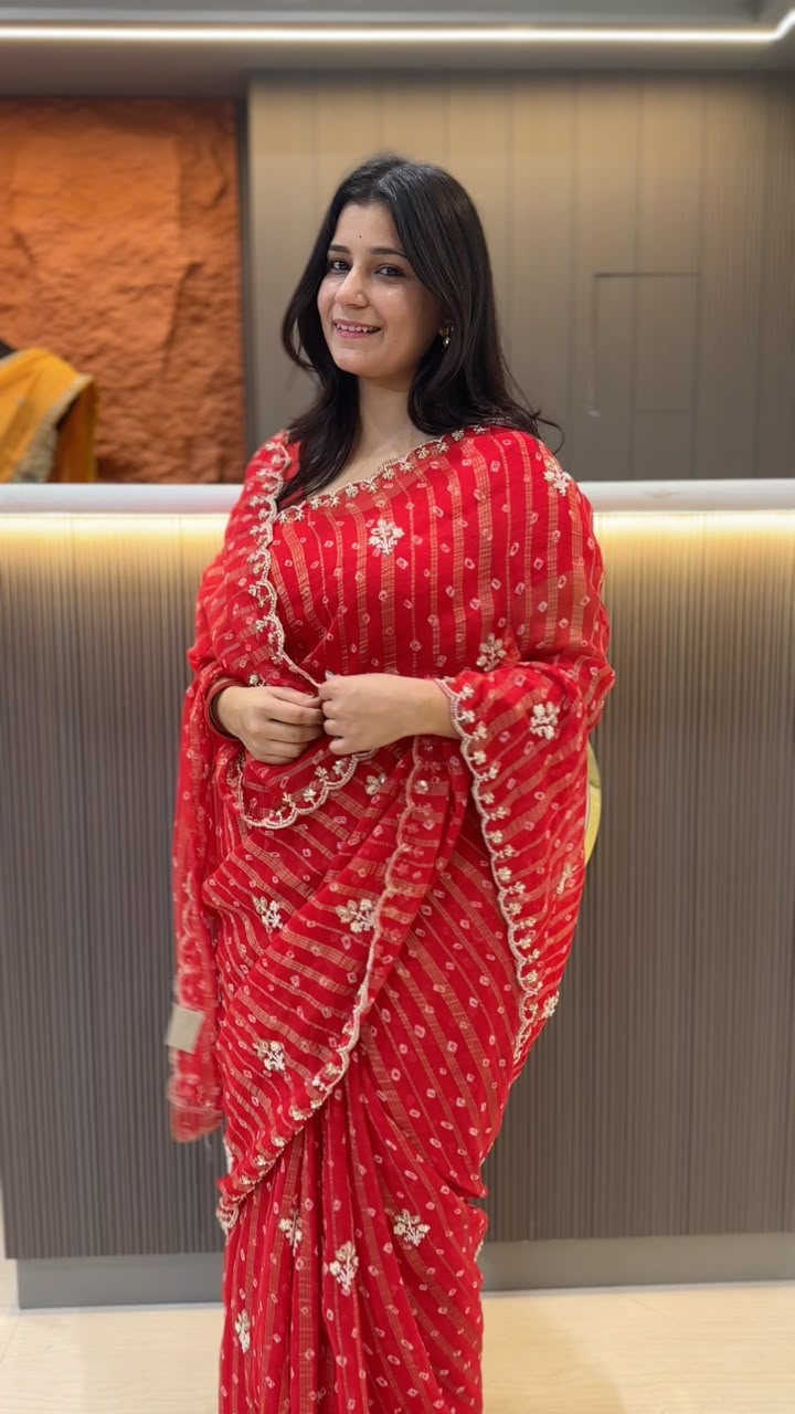Beautiful Georgette Saree With Handwork And Bhandej