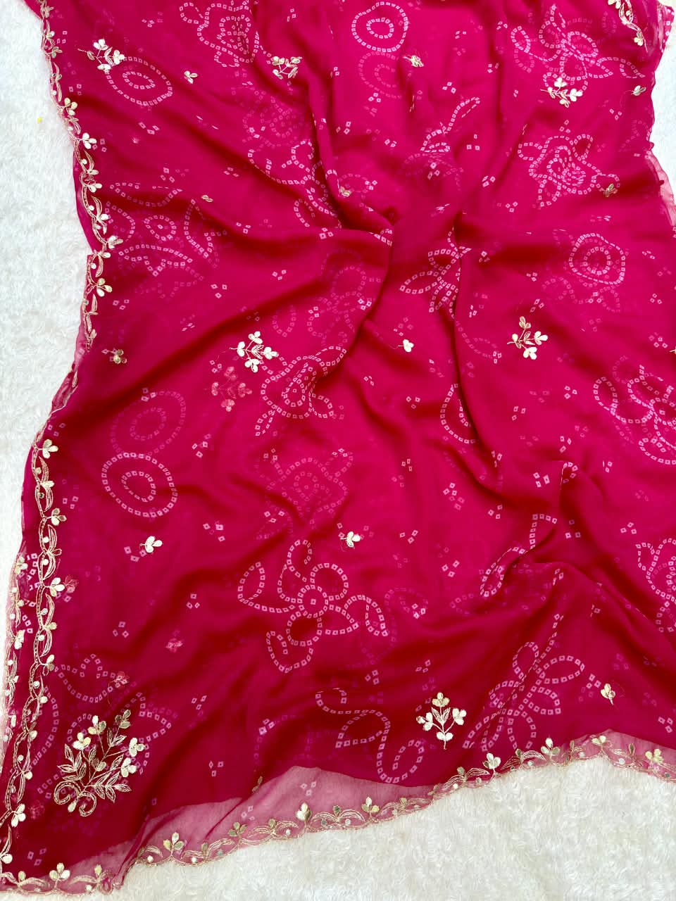Beautiful Semi Chiffon Bandhani Saree With Handwork