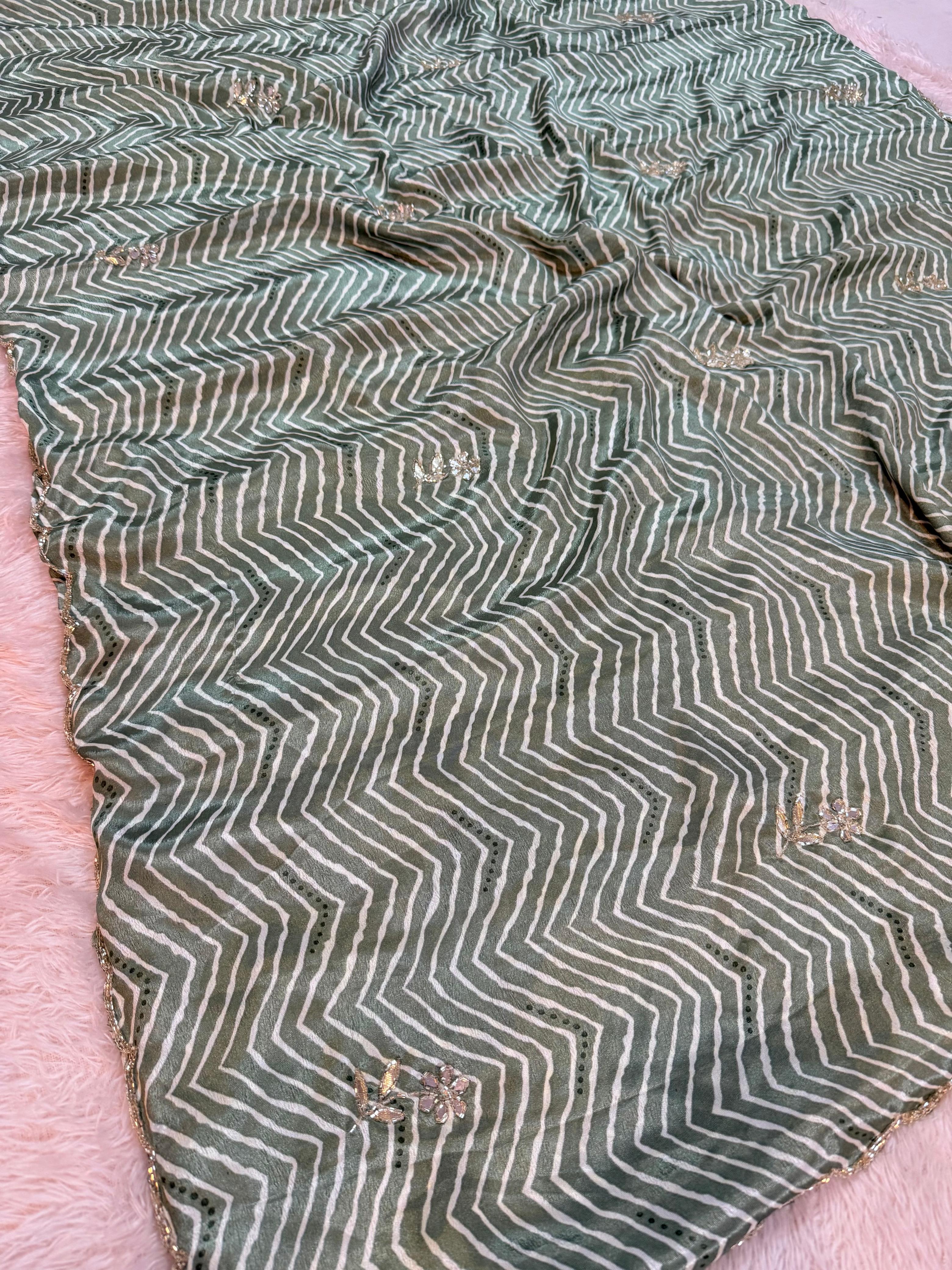 Beautiful Semi Chinon  Lahriya Saree With Handwork