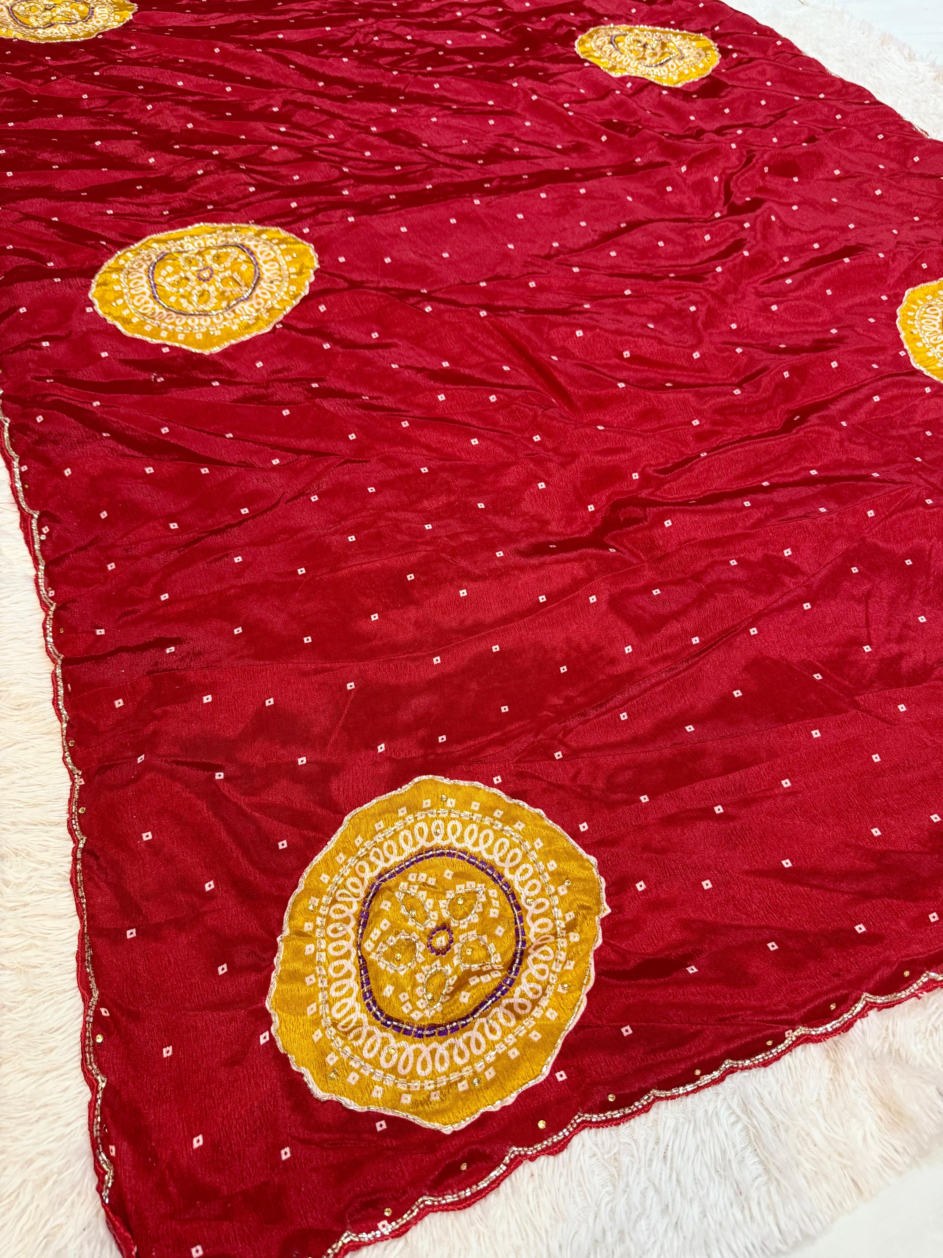 Latest Semi Chinon Bandhani  Saree With Handwork