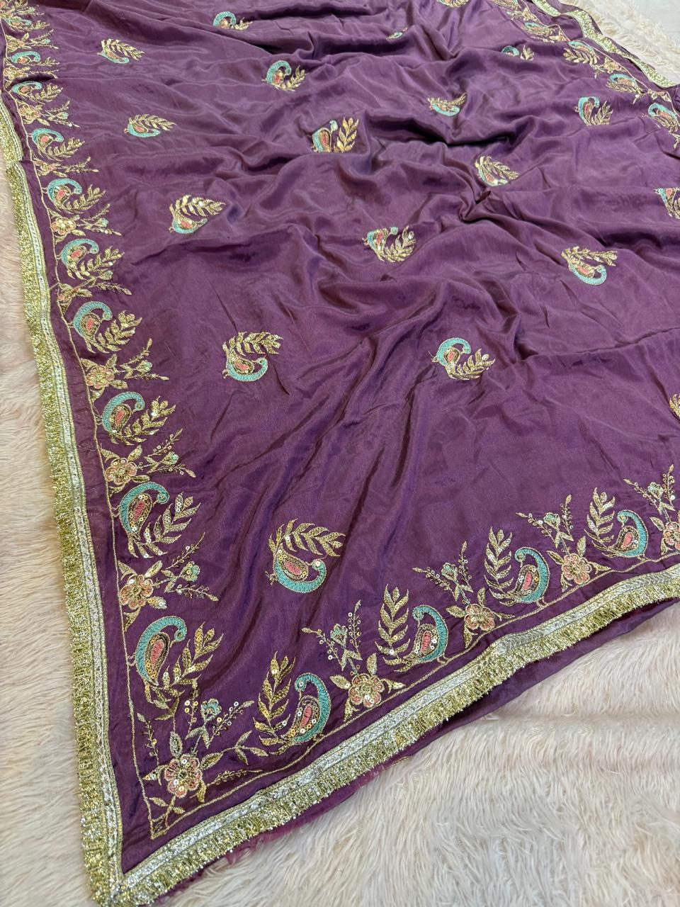 Latest Semi Chinon Saree With Handwork