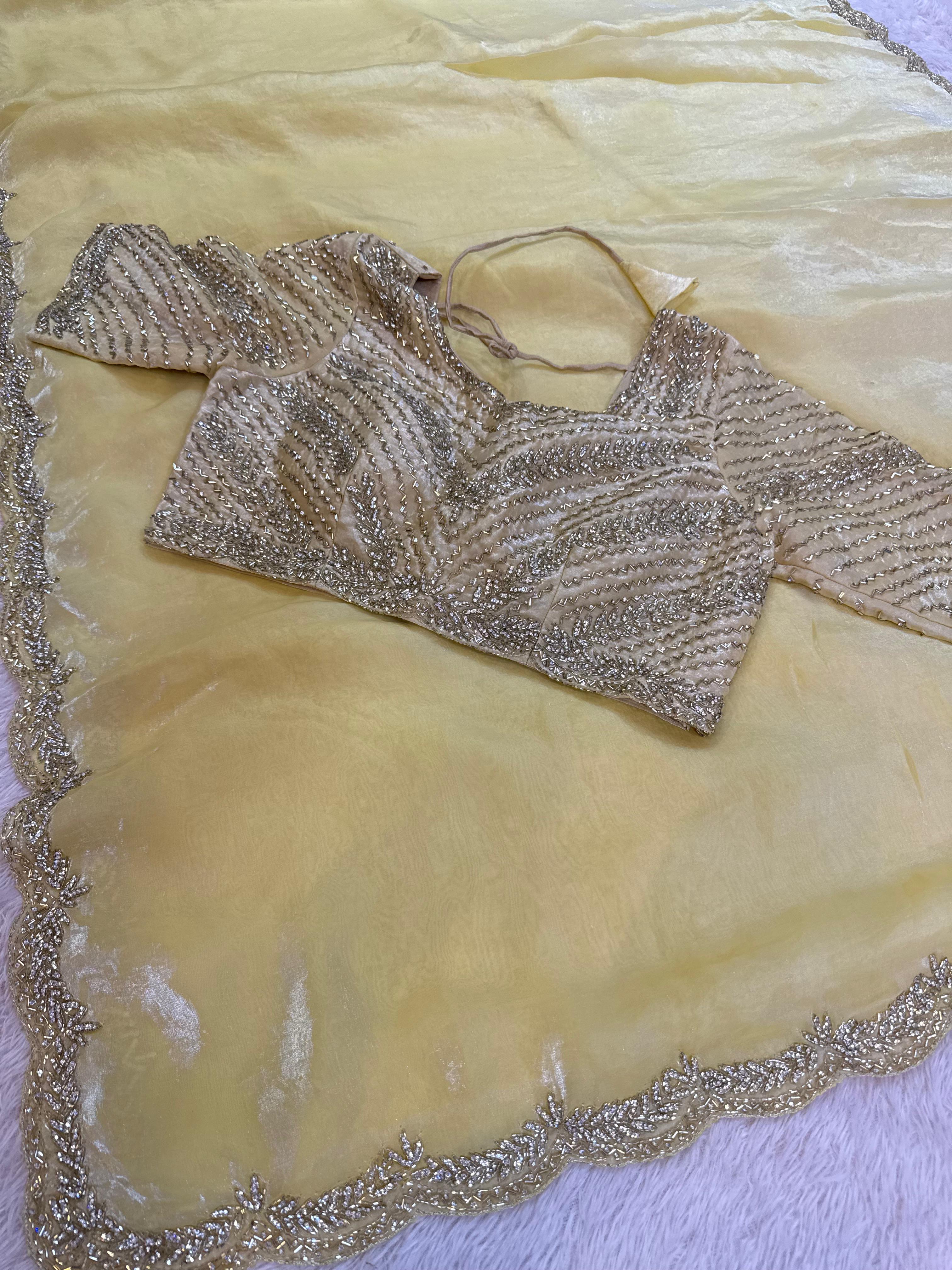 Designer Fendi Silk Saree With Handwork X Ready To Ware Blouse