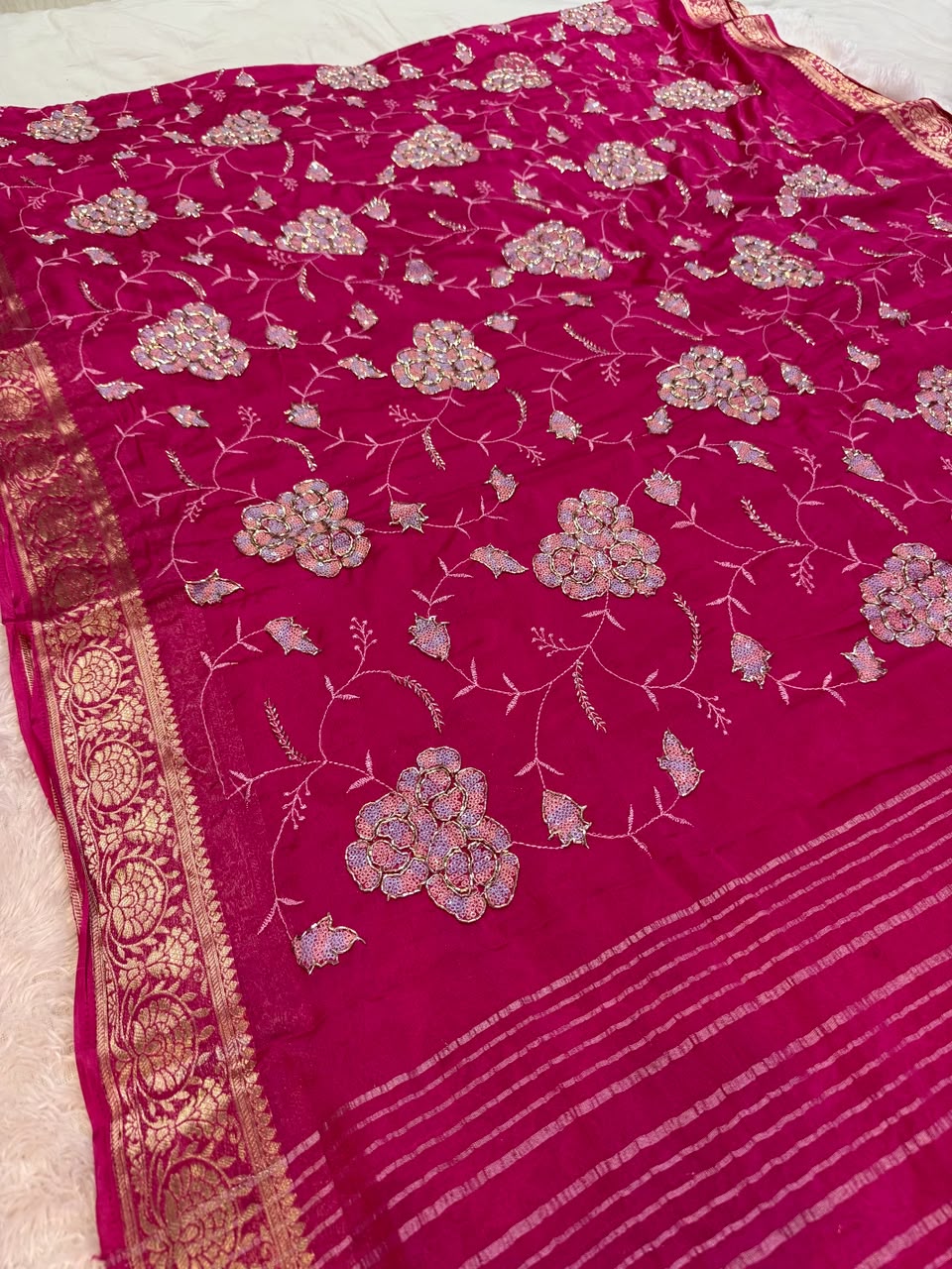 Designer Semi Chinon Saree With Fancy Work
