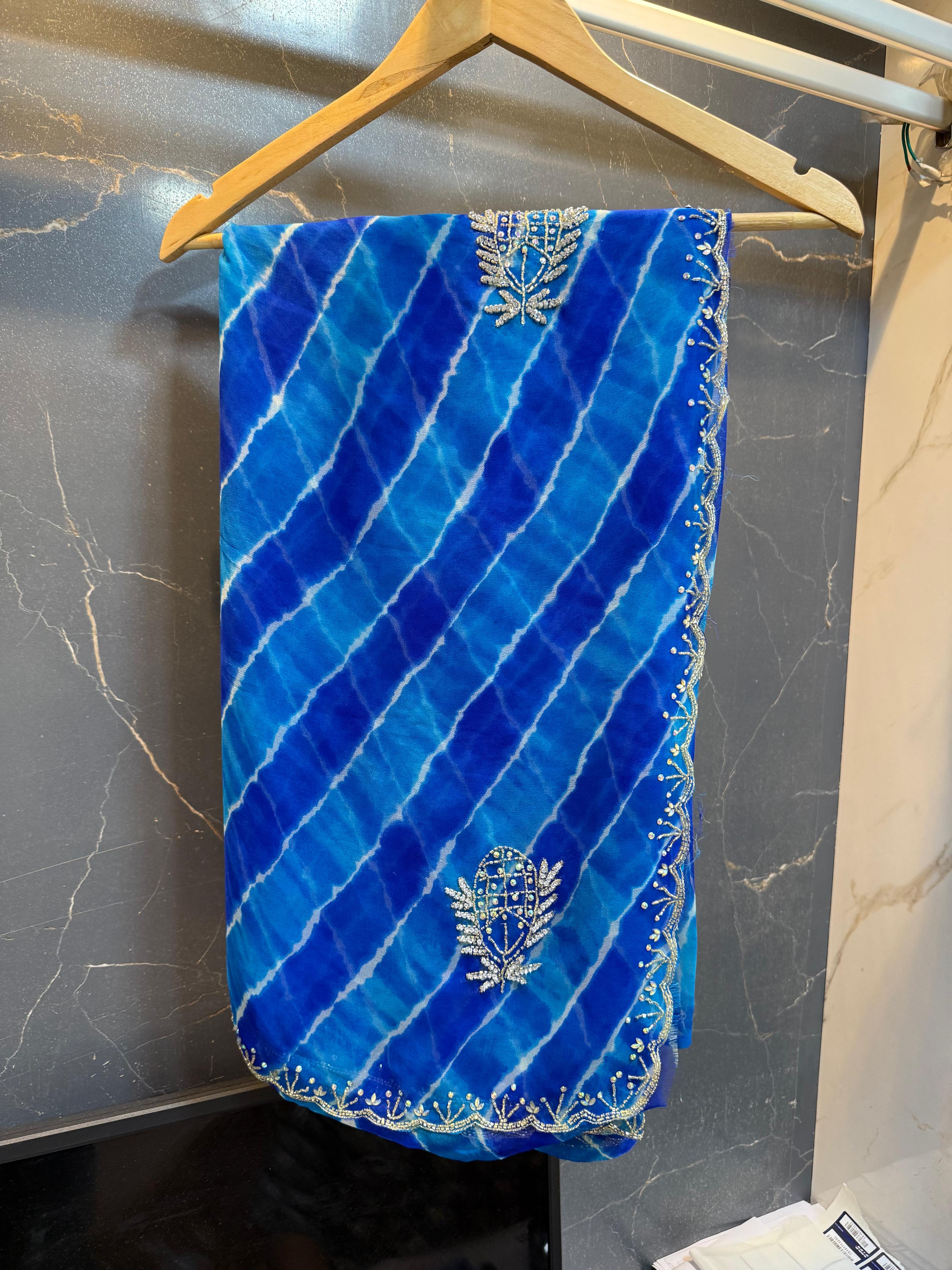 Latest Georgatte Weightless Lahriya Saree With Handwork